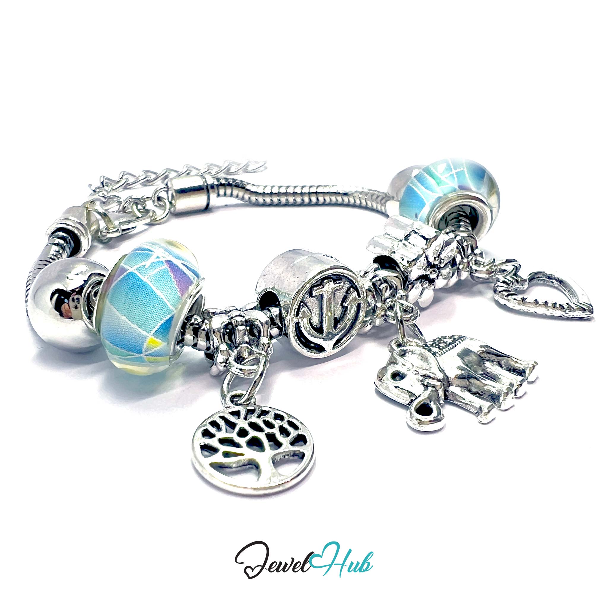 Silver charm bracelet with various charms on a white background, branded 'Jewel Hub'.