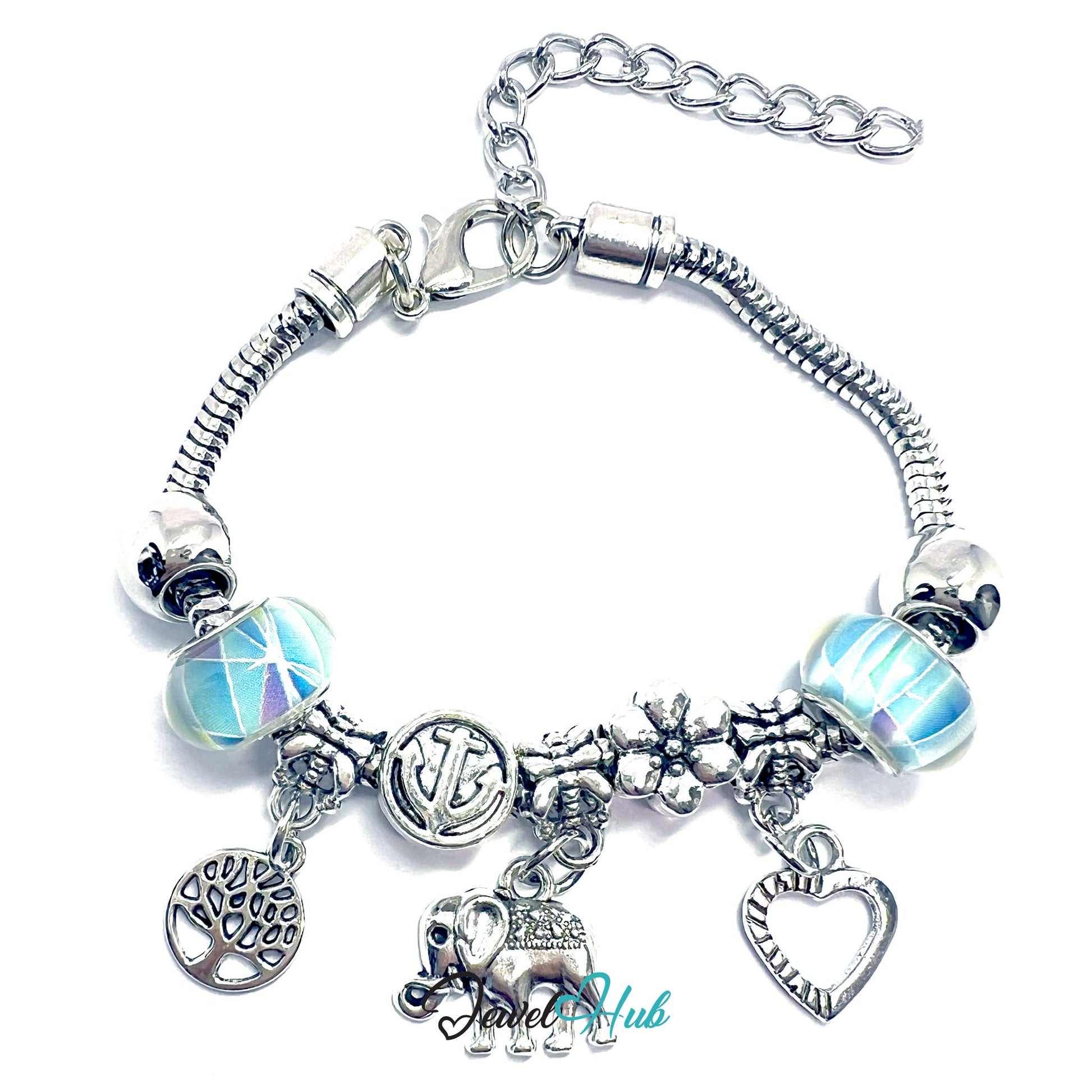 Silver bracelet with charms and light blue beads on a white background