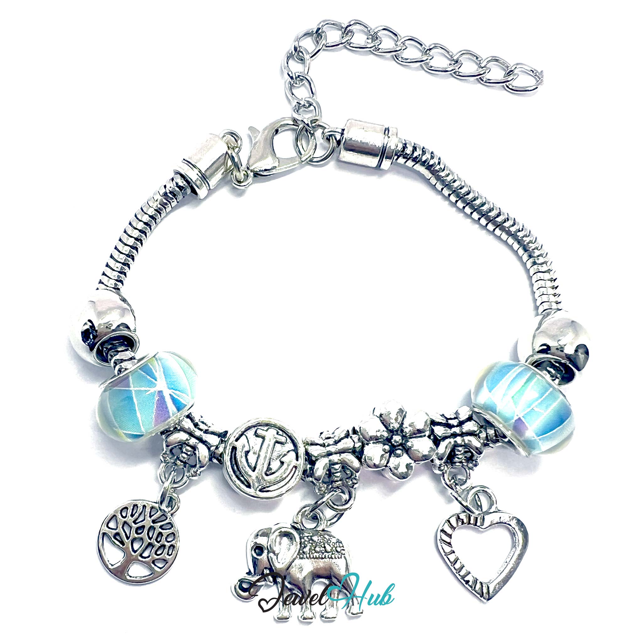 Silver bracelet with charms and light blue beads on a white background