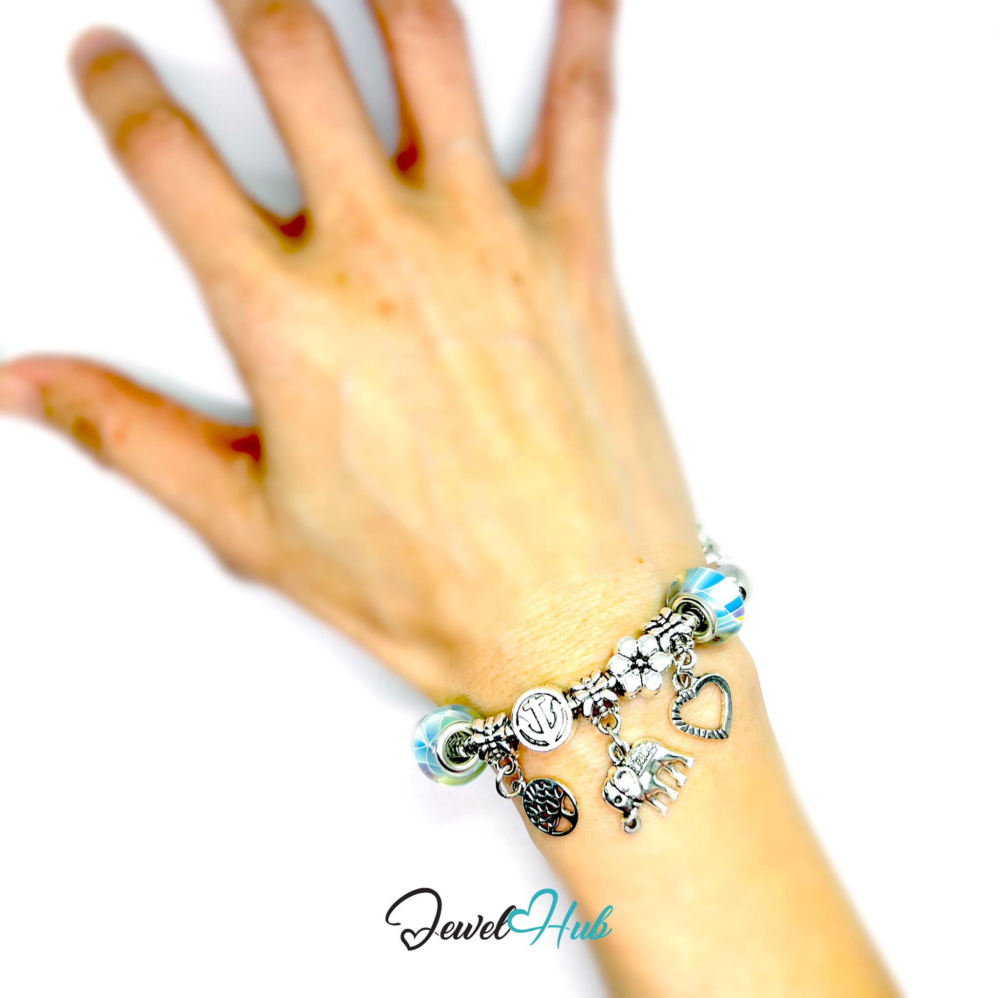 Hand wearing a charm bracelet with various charms on a white background, brand 'Jewel Hub' visible.