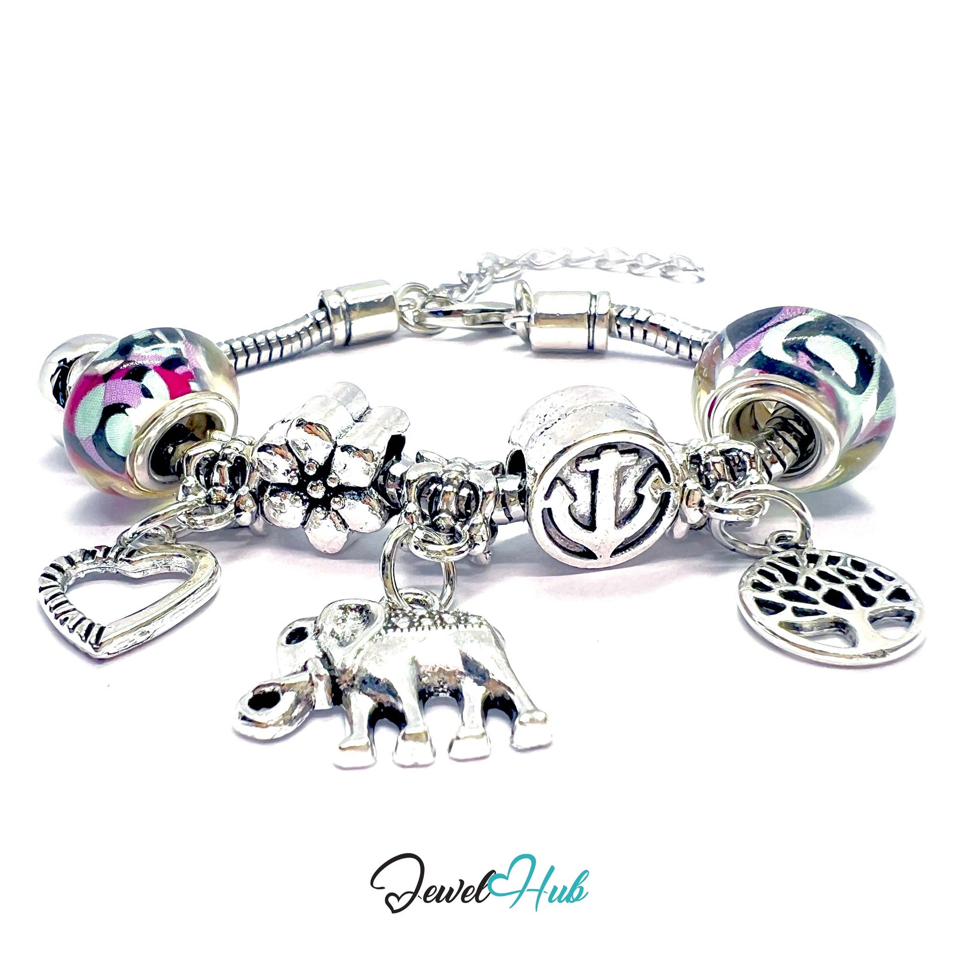 Silver charm bracelet with various charms on a white background, branded 'Jewel Hub'.