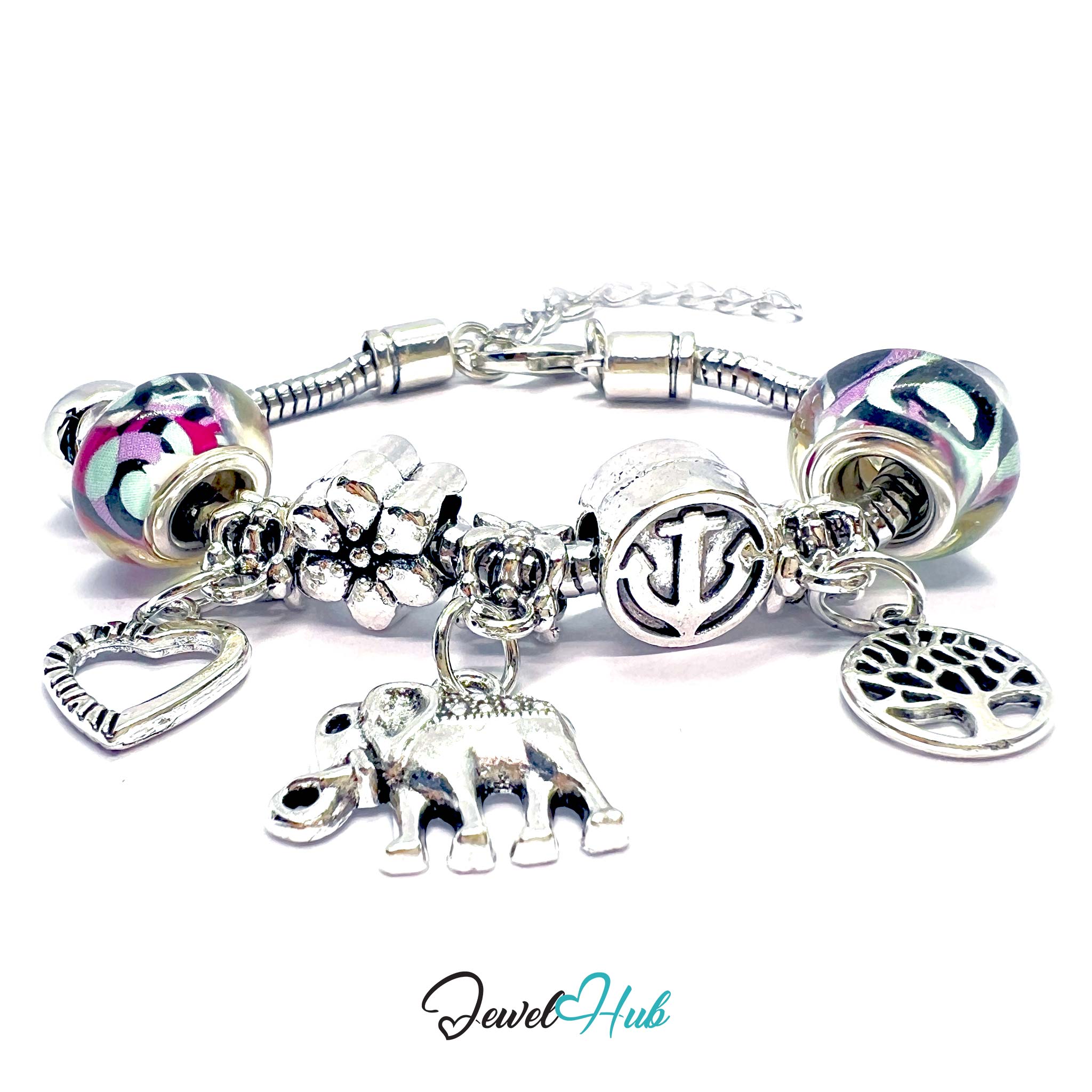 Silver charm bracelet with various charms on a white background, branded 'Jewel Hub'.