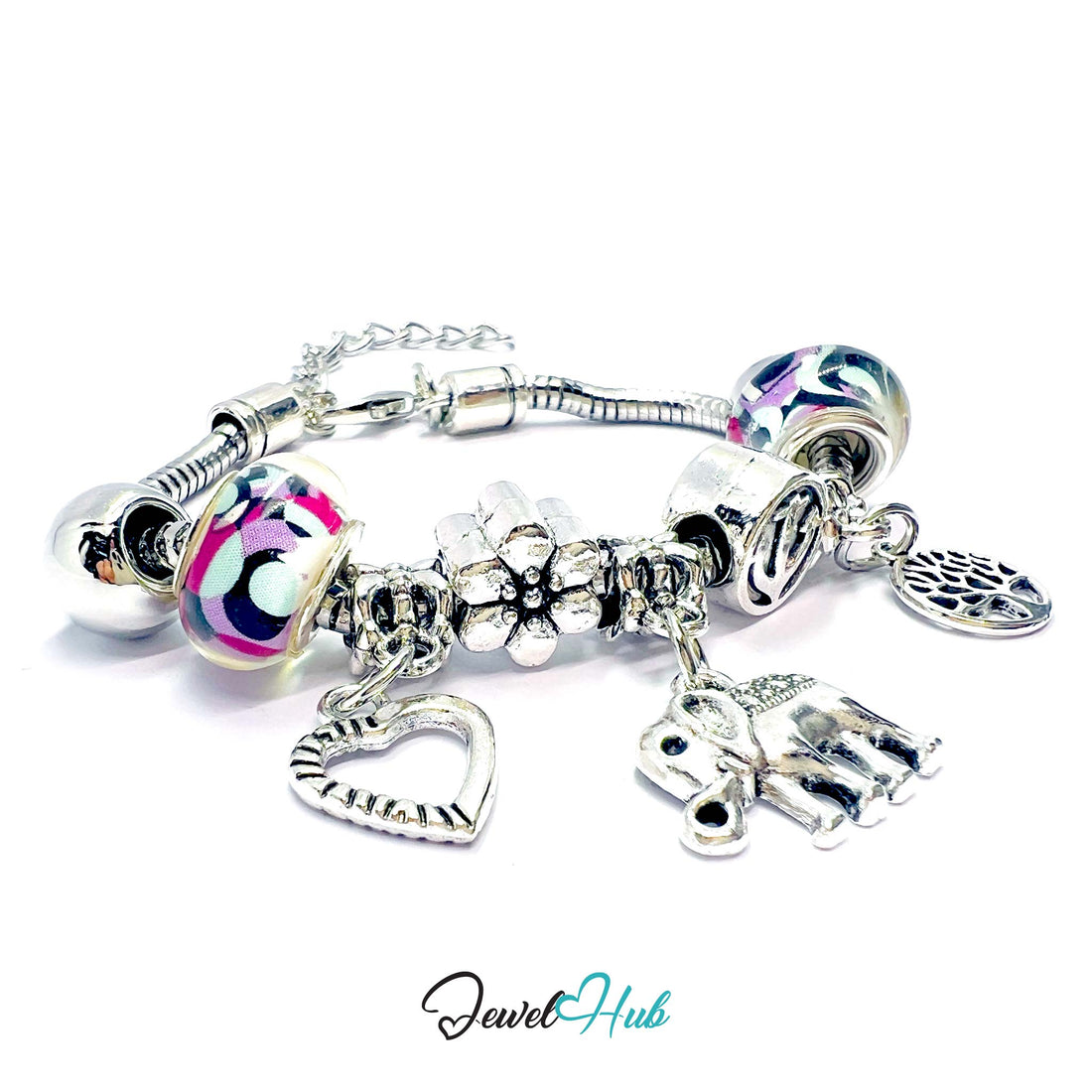 Silver charm bracelet with various charms on a white background, branded 'Jewel Hub'.