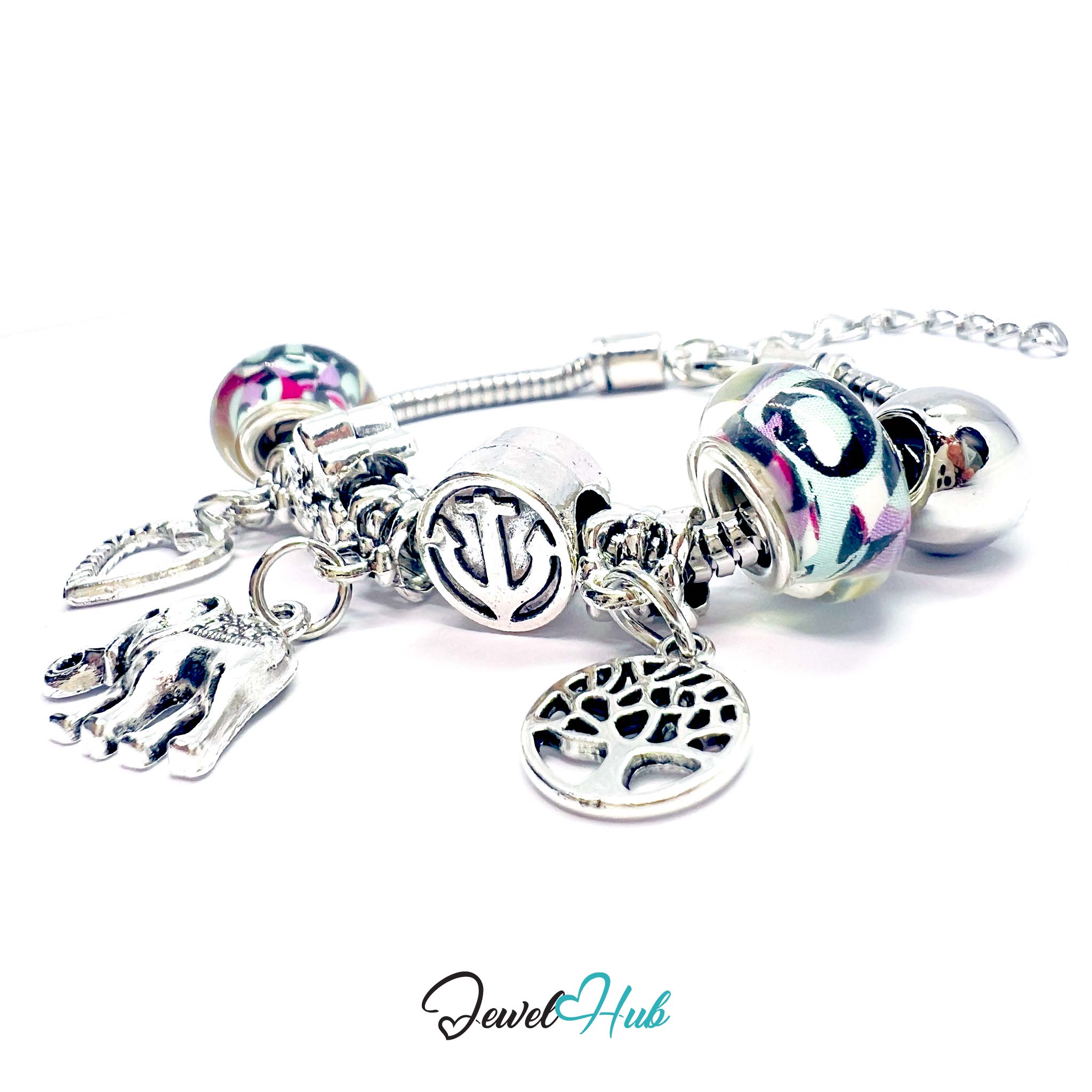 Silver charm bracelet with various charms on a white background, branded 'Jewel Hub'.