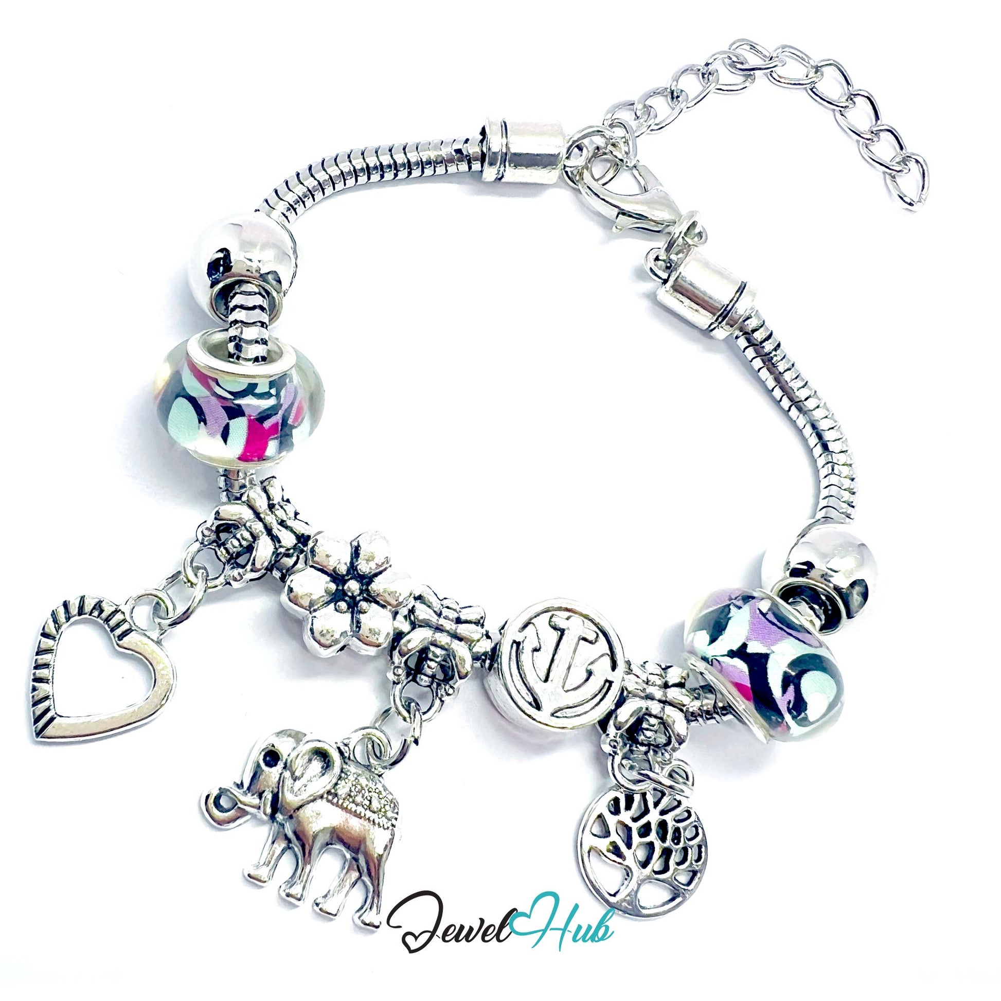 Silver charm bracelet with various charms on a white background, branded 'Jewel Hub'.