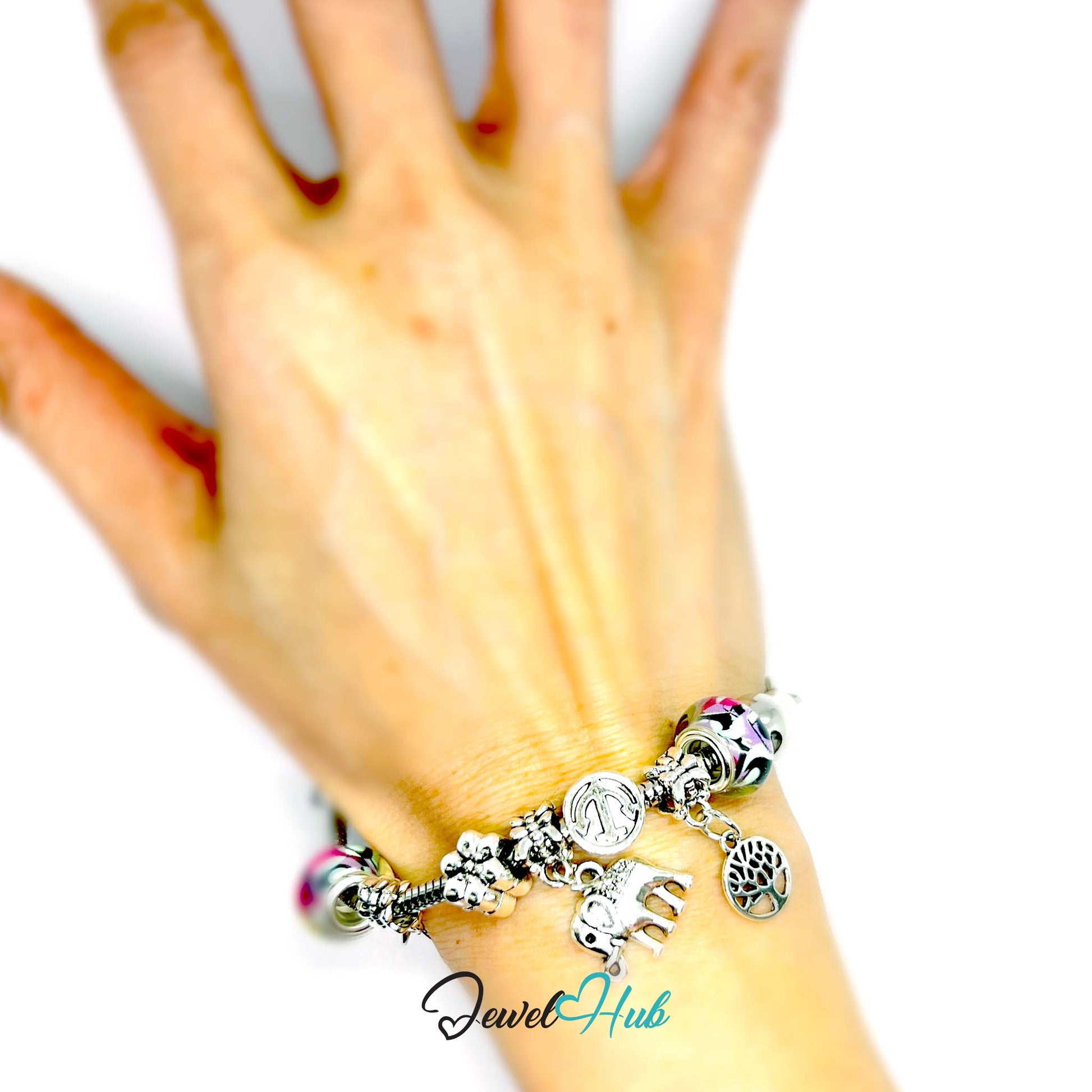 Hand wearing a bracelet with various charms on a white background, featuring the brand 'Jewel Hub'.
