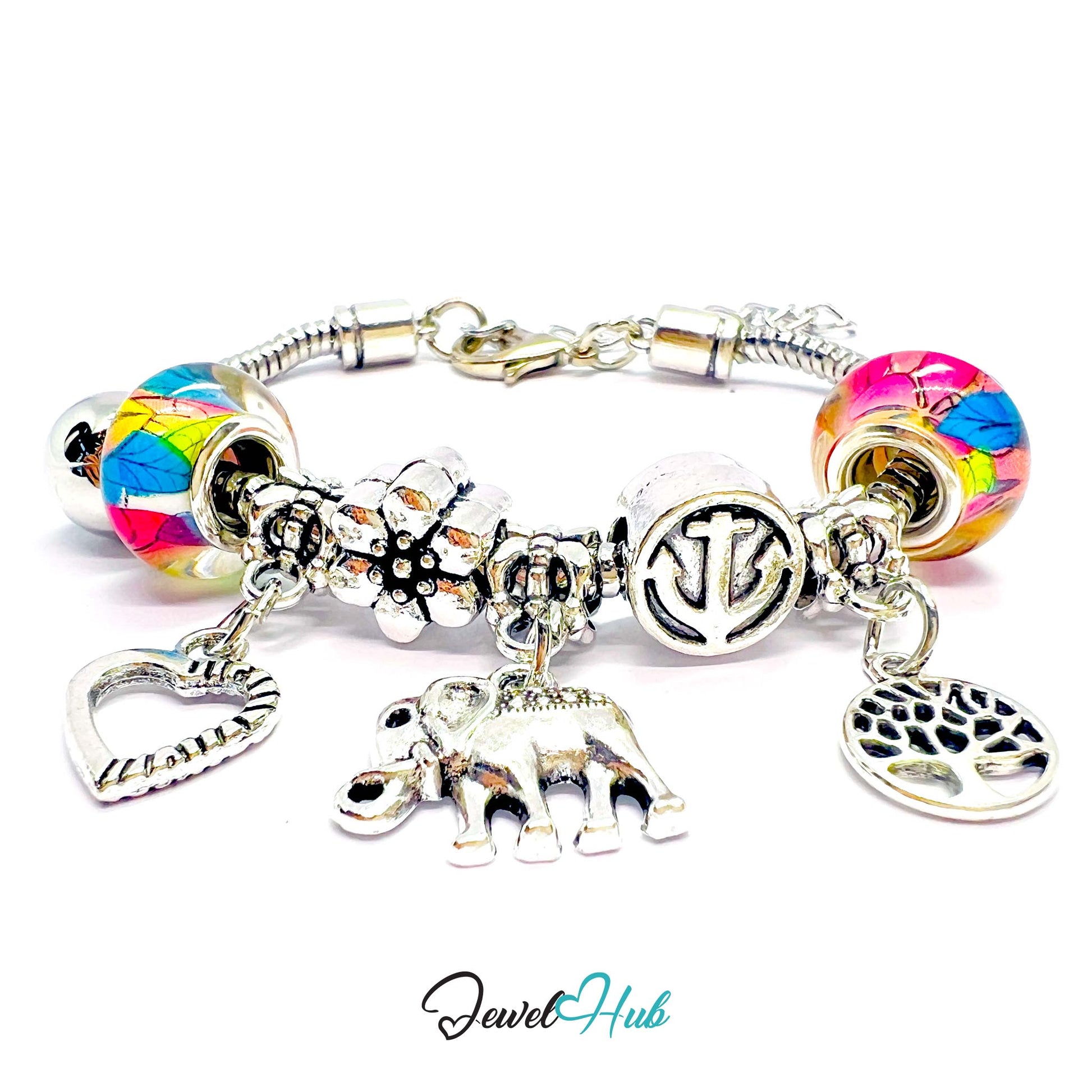 Multicolored charm bracelet with various charms on a white background, branded 'Jewel Hub'.