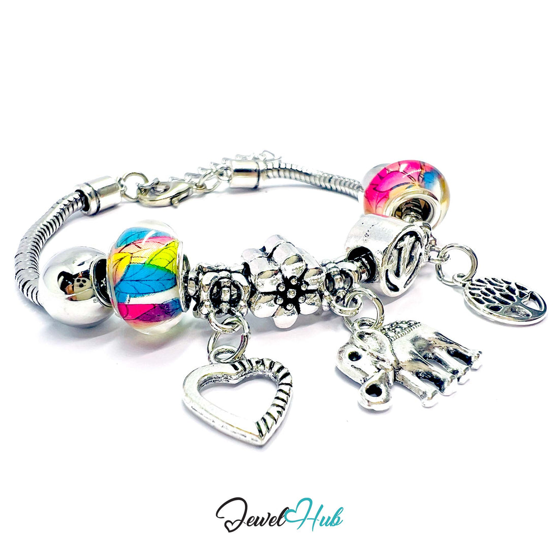Multicolored charm bracelet with various charms on a white background, branded 'Jewel Hub'.