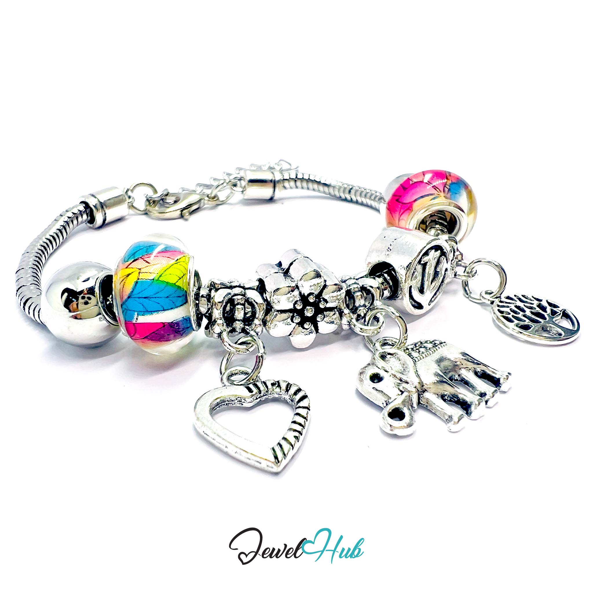 Silver charm bracelet with colorful beads and charms on a white background, branded 'Jewel Hub'.