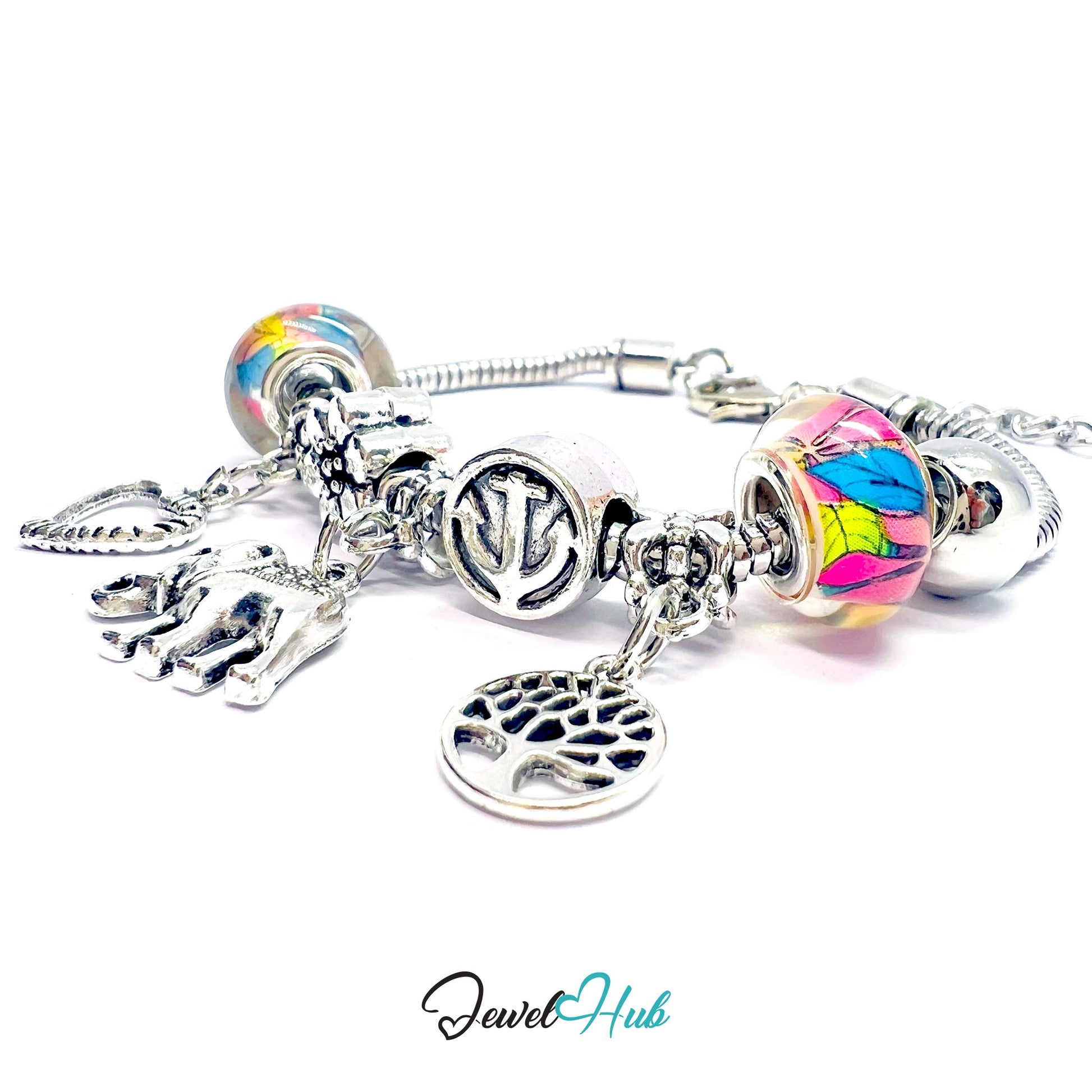 Silver charm bracelet with colorful beads and charms on a white background, branded 'Jewel Hub'.
