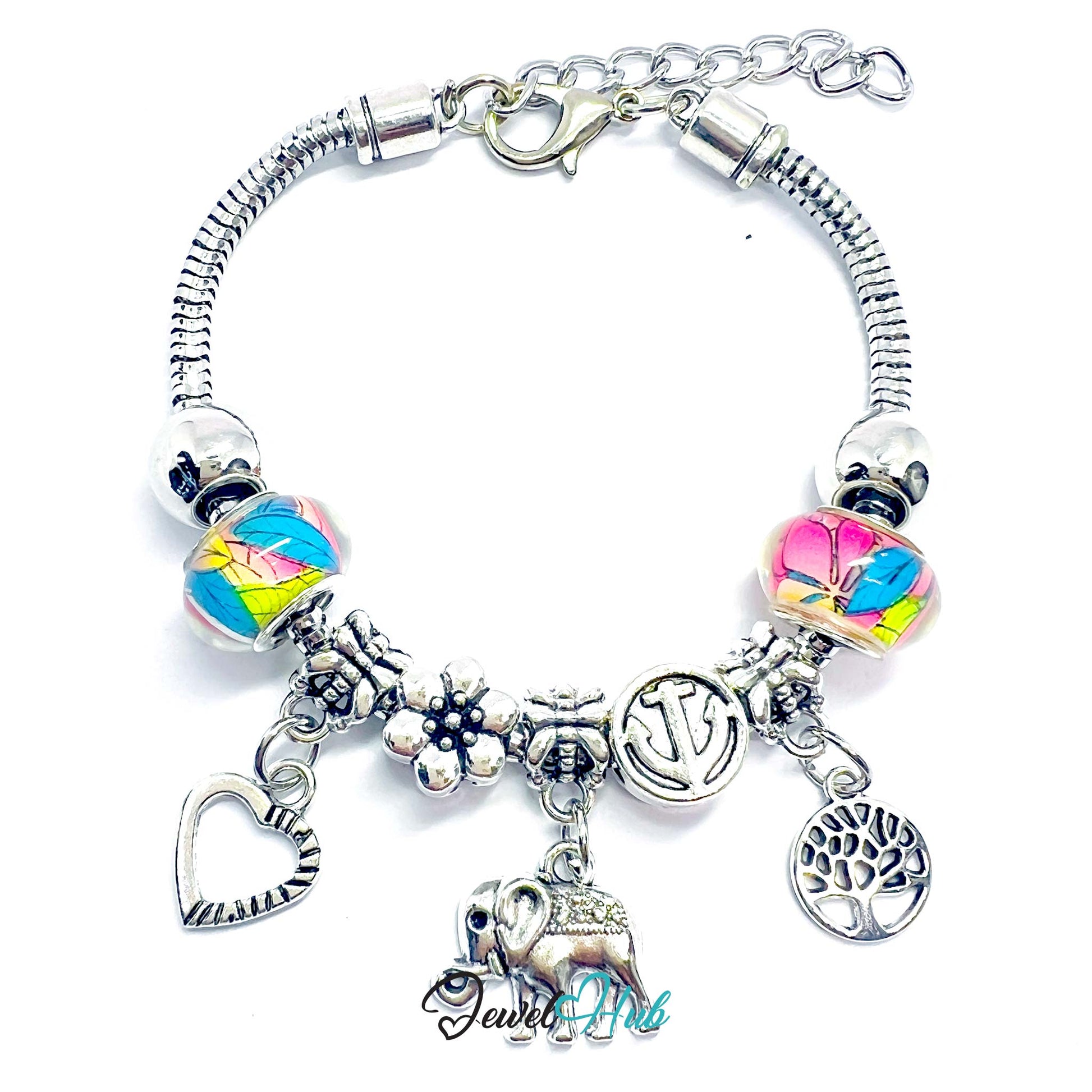 Silver charm bracelet with colorful beads and charms on a white background