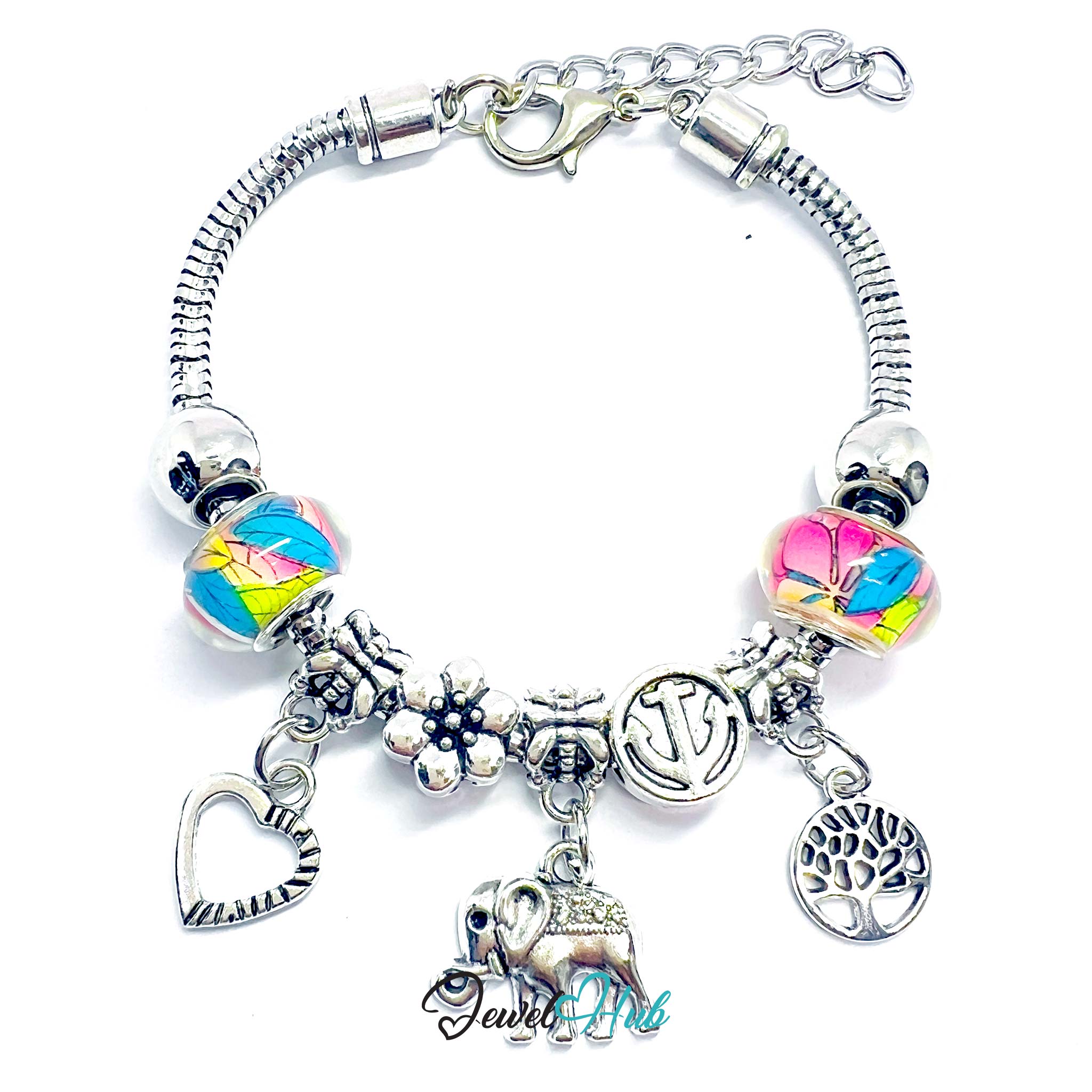 Silver charm bracelet with colorful beads and charms on a white background