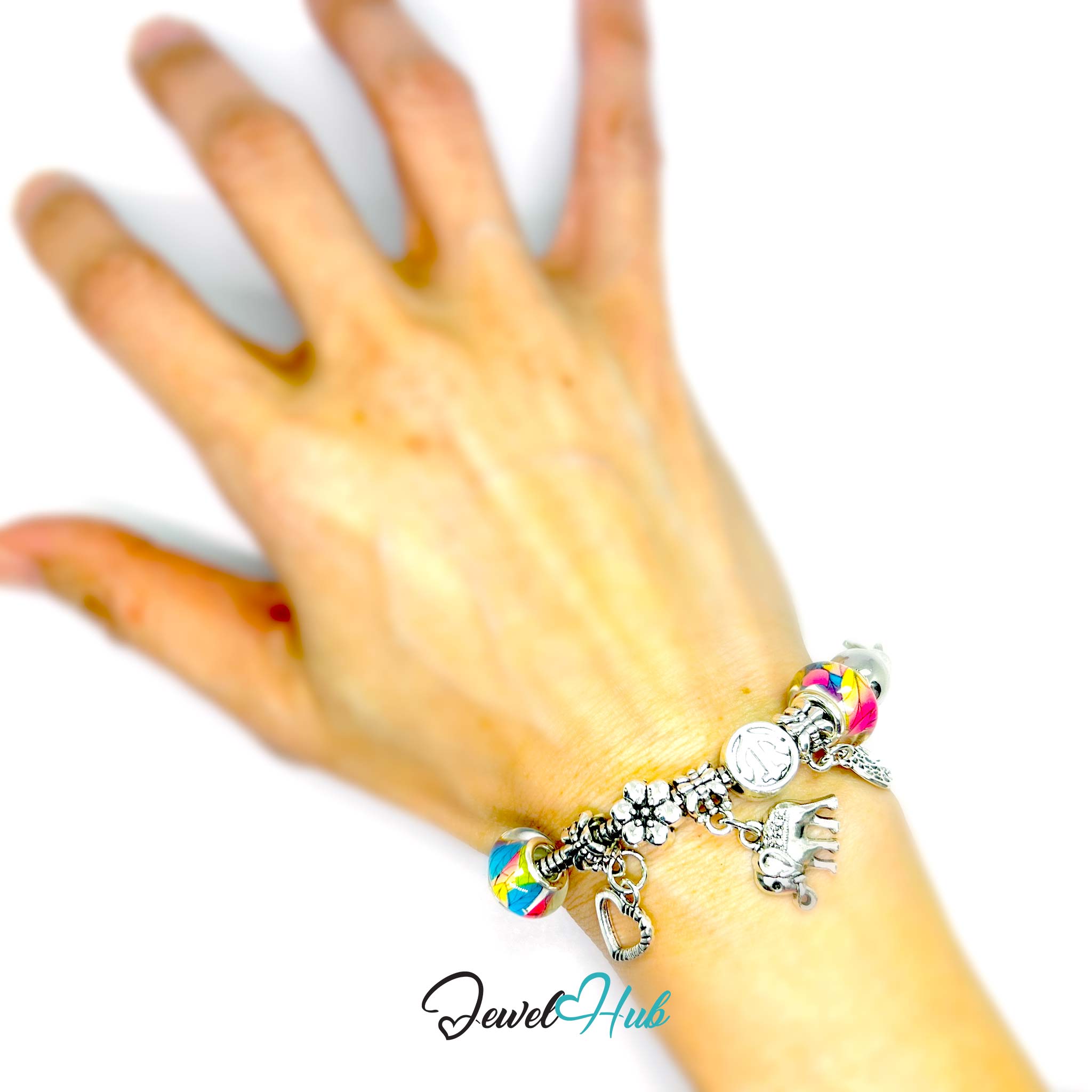 Hand wearing a colorful charm bracelet on a white background with 'Jewel Hub' branding.