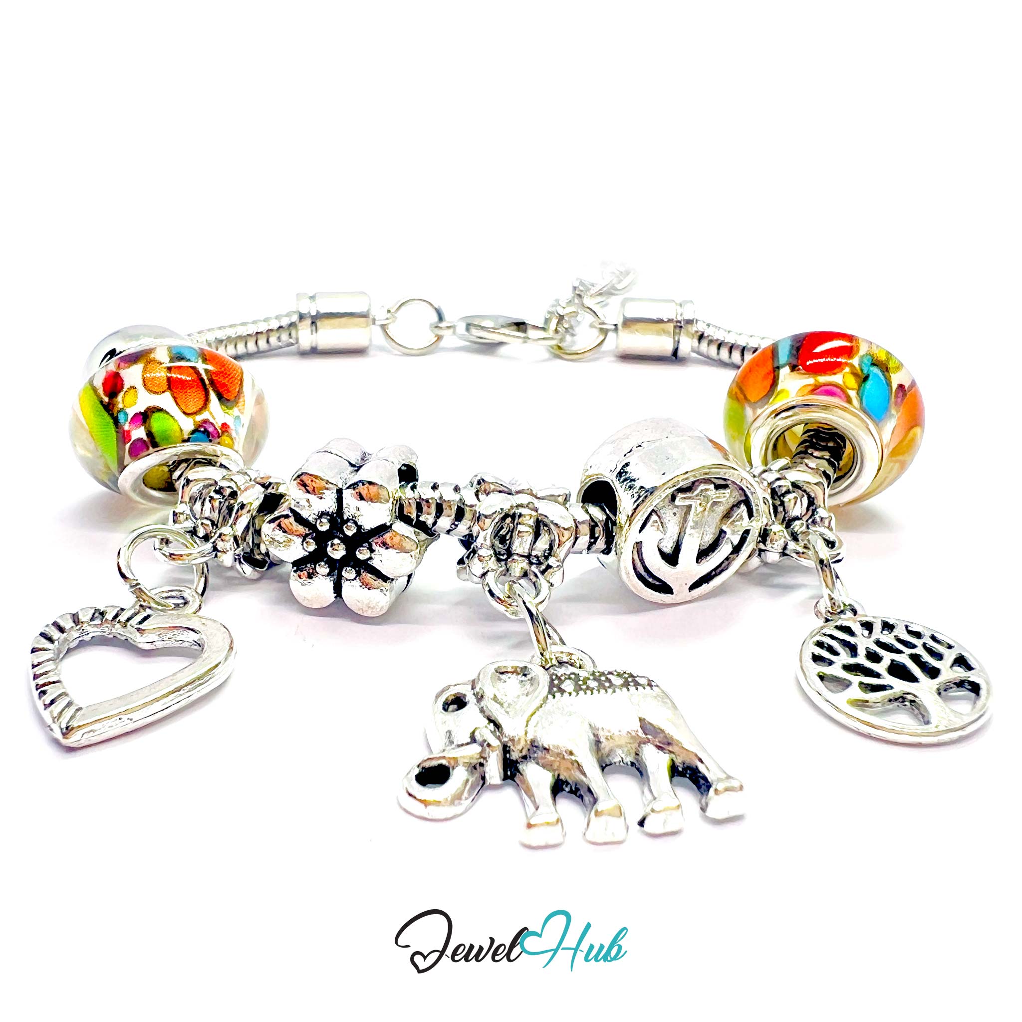 Bracelet with colorful beads and silver charms on a white background, branded 'Jewel Hub'.