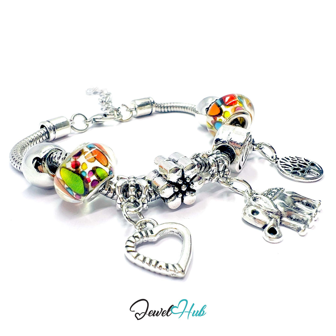 Bracelet with colorful beads and silver charms on a white background, branded 'Jewel Hub'.