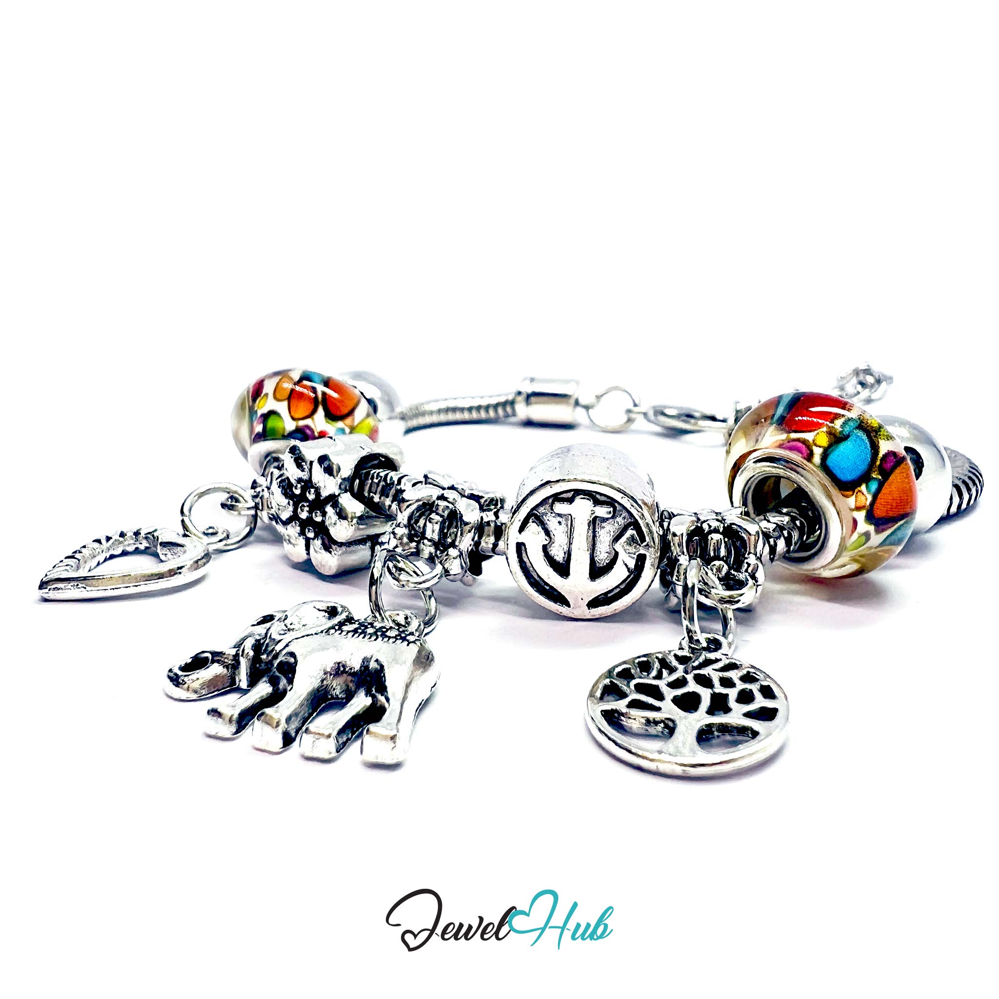Silver charm bracelet with various charms on a white background, branded 'Jewel Hub'.