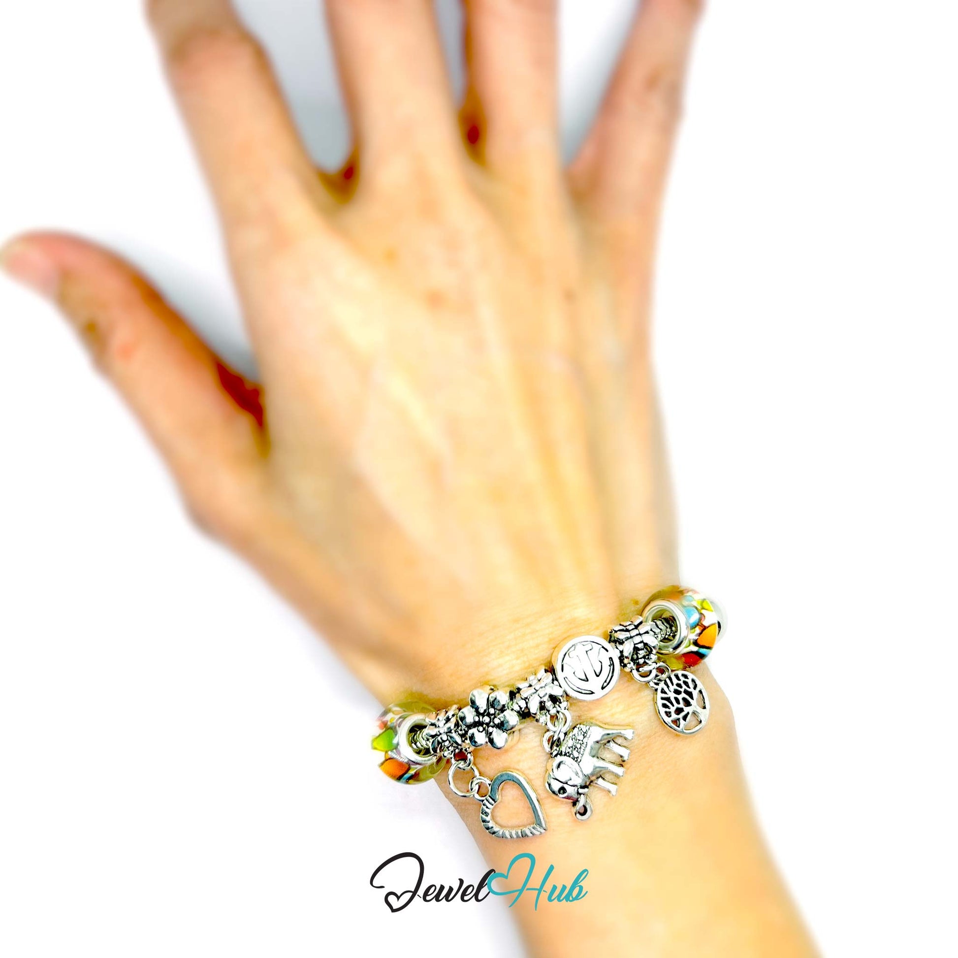 Hand wearing a colorful charm bracelet on a white background with 'Jewel Hub' branding.