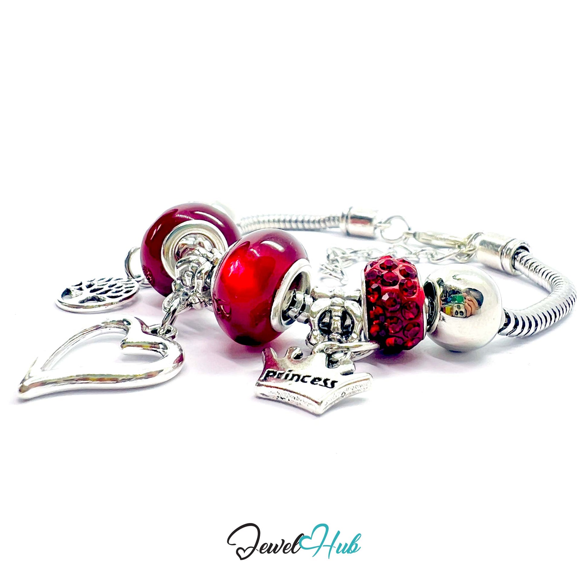 Pandora-style charm bracelet with red beads and charms on a white background, branded 'Jewel Hub'.