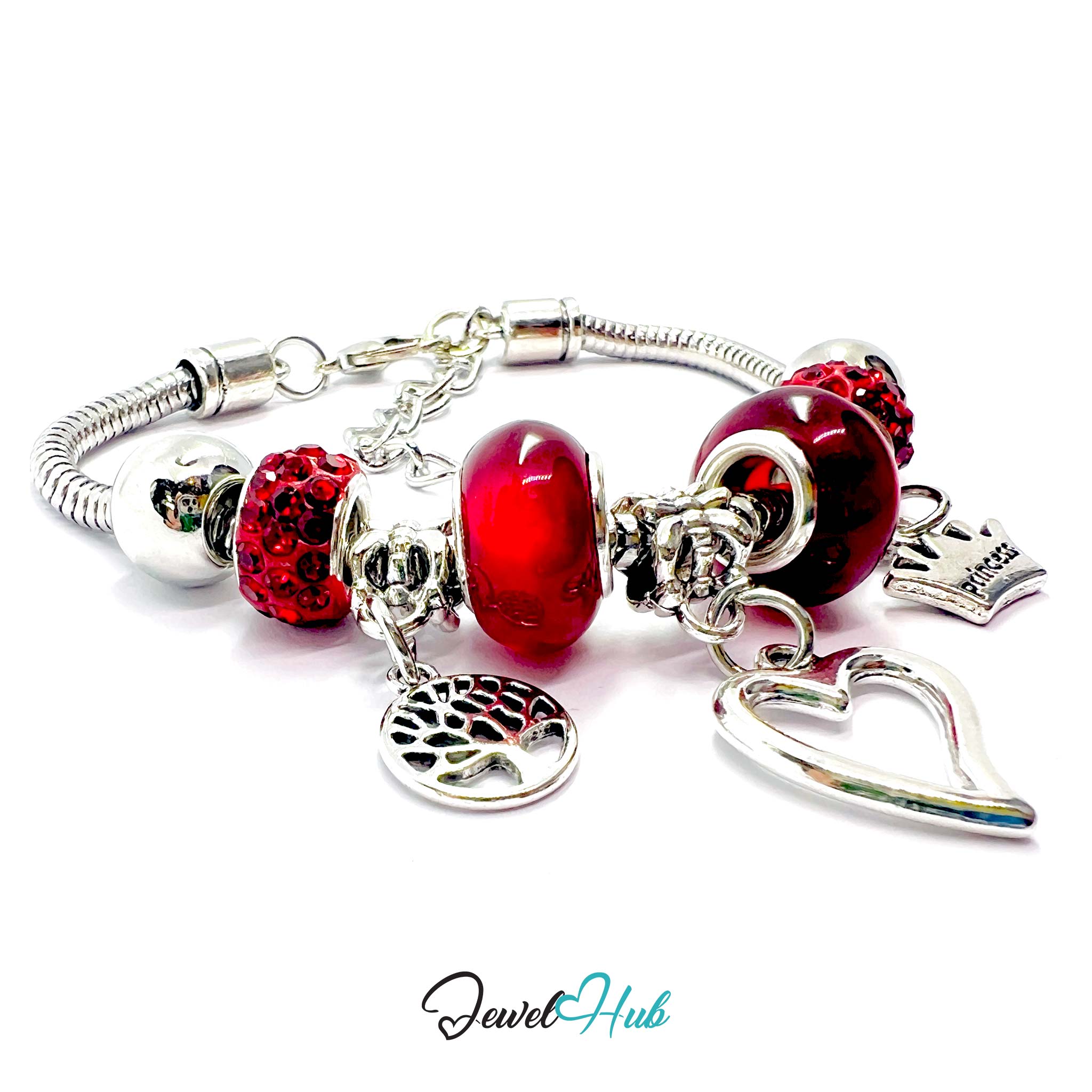Silver bracelet with red beads and heart charms on a white background, branded 'Jewel Hub'.
