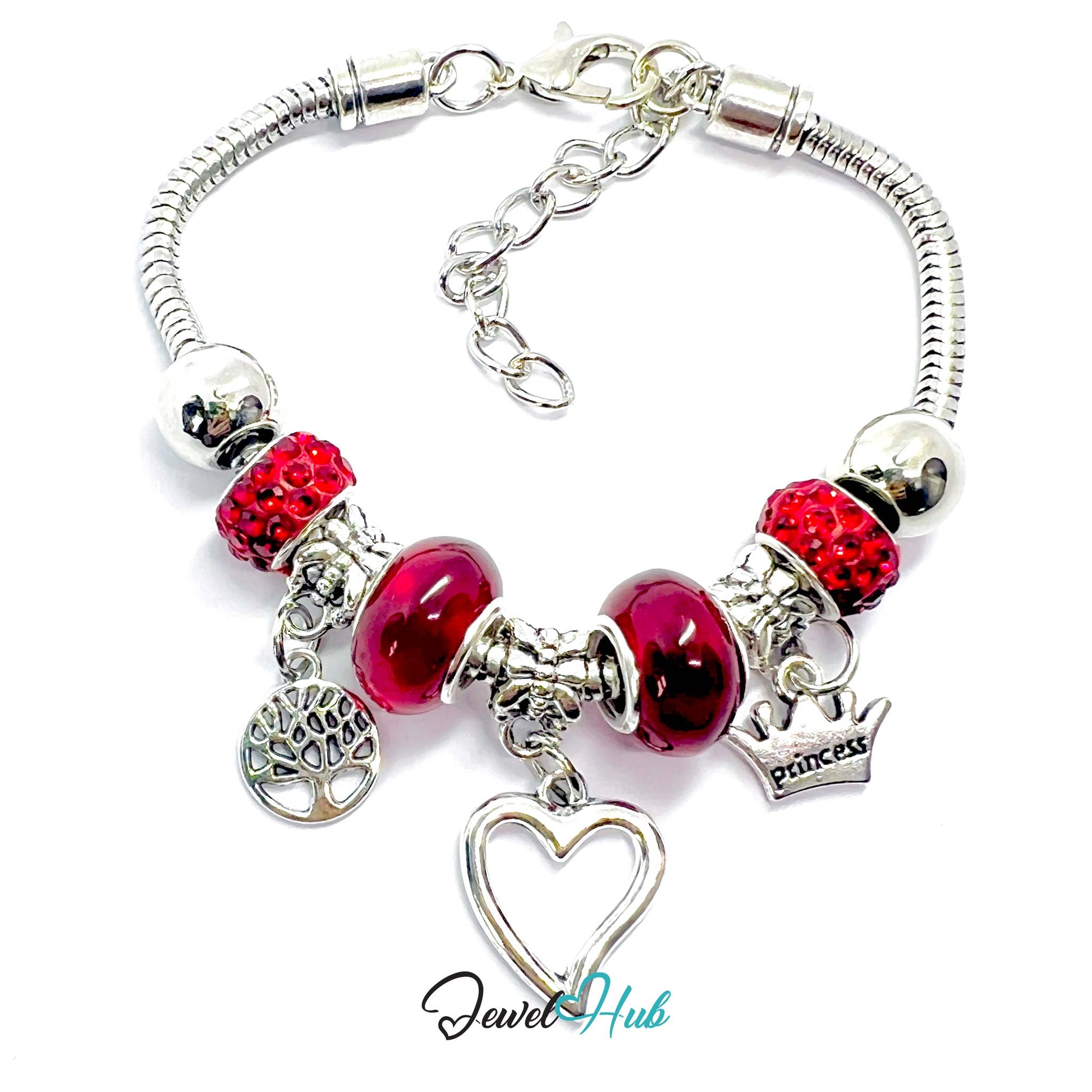 Bracelet with red beads and charms on a white background, branded 'Jewel Hub'.