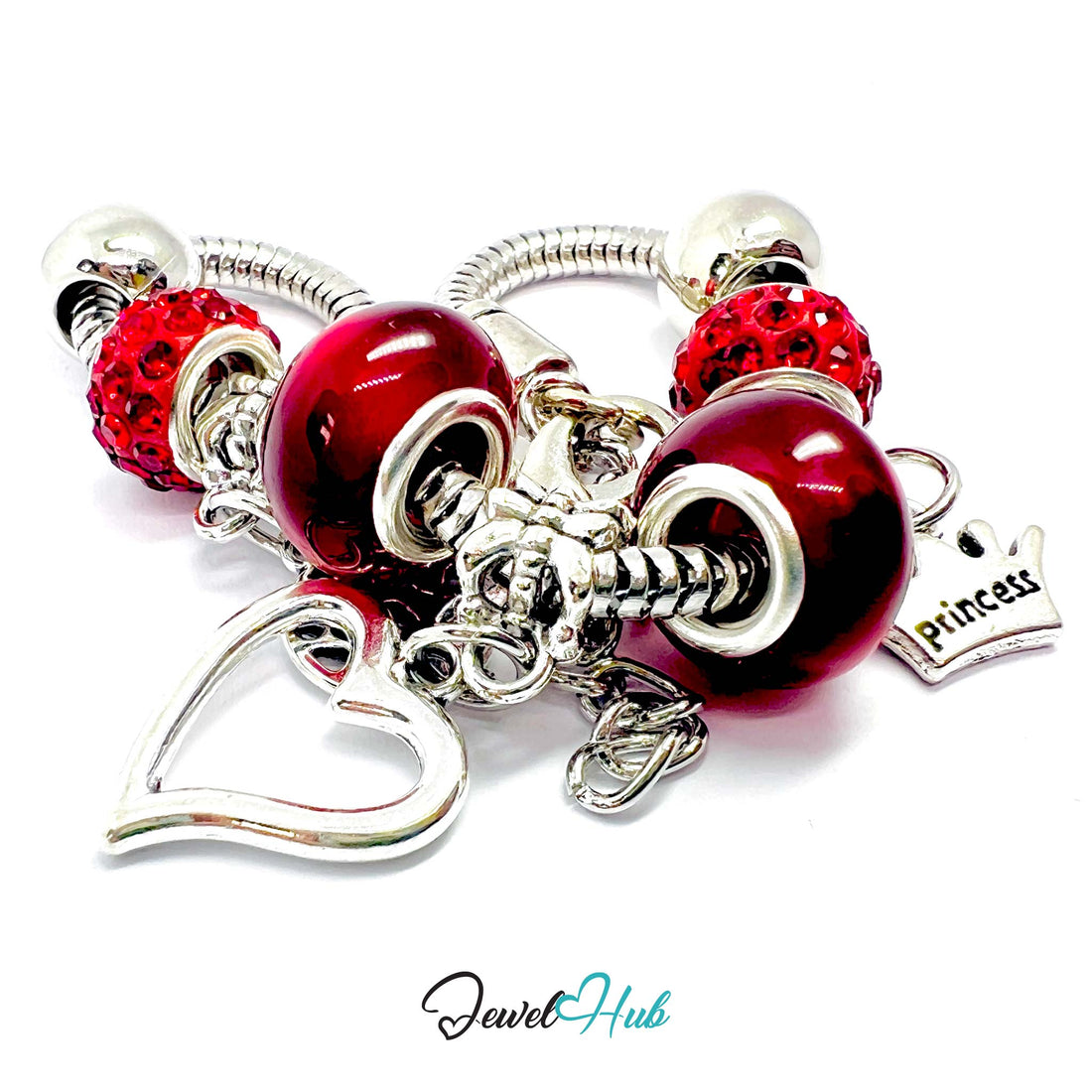Silver bracelet with red beads and charms on a white background, featuring 'Jewel Hub' branding.