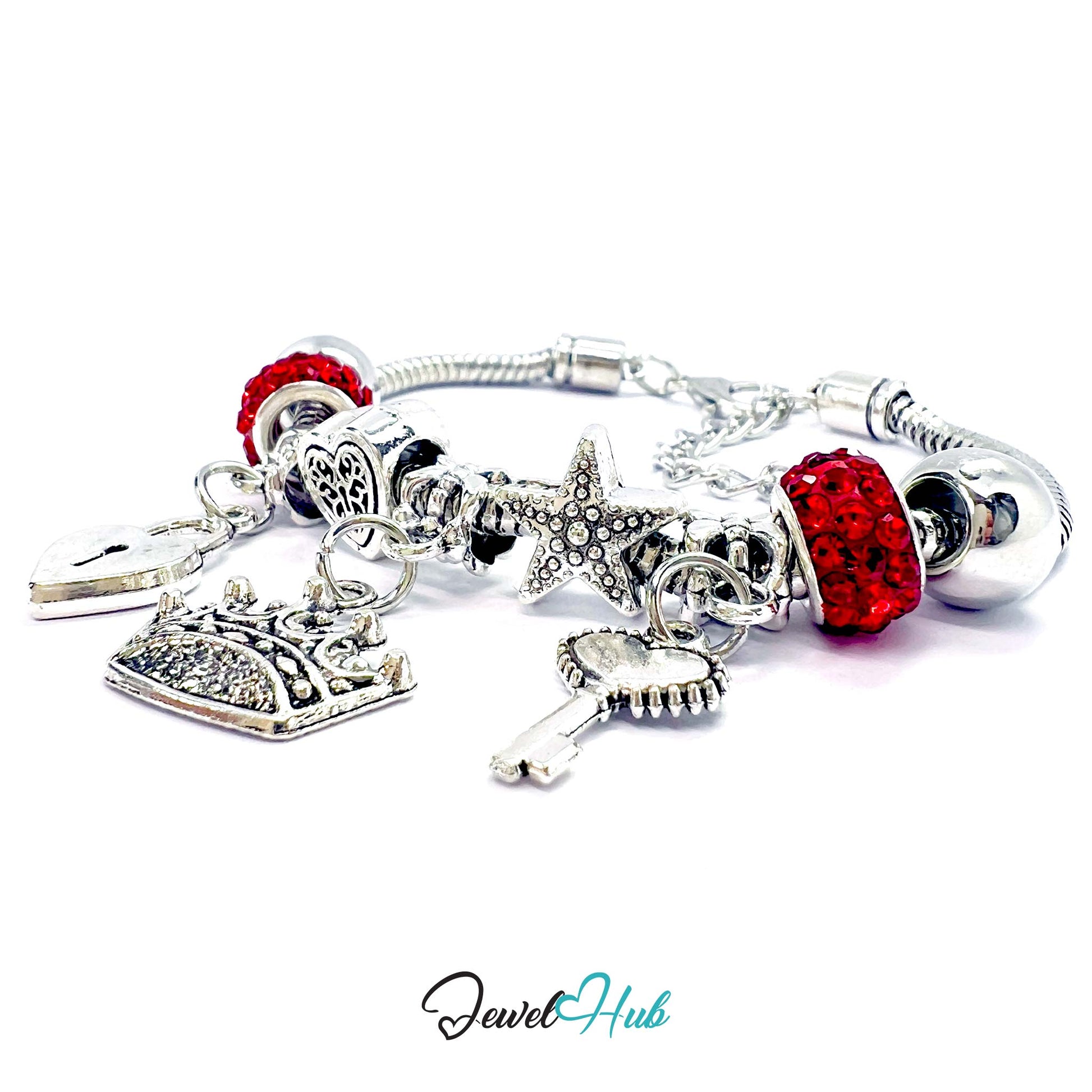 Silver charm bracelet with red beads and various charms on a white background, branded 'Jewel Hub'.