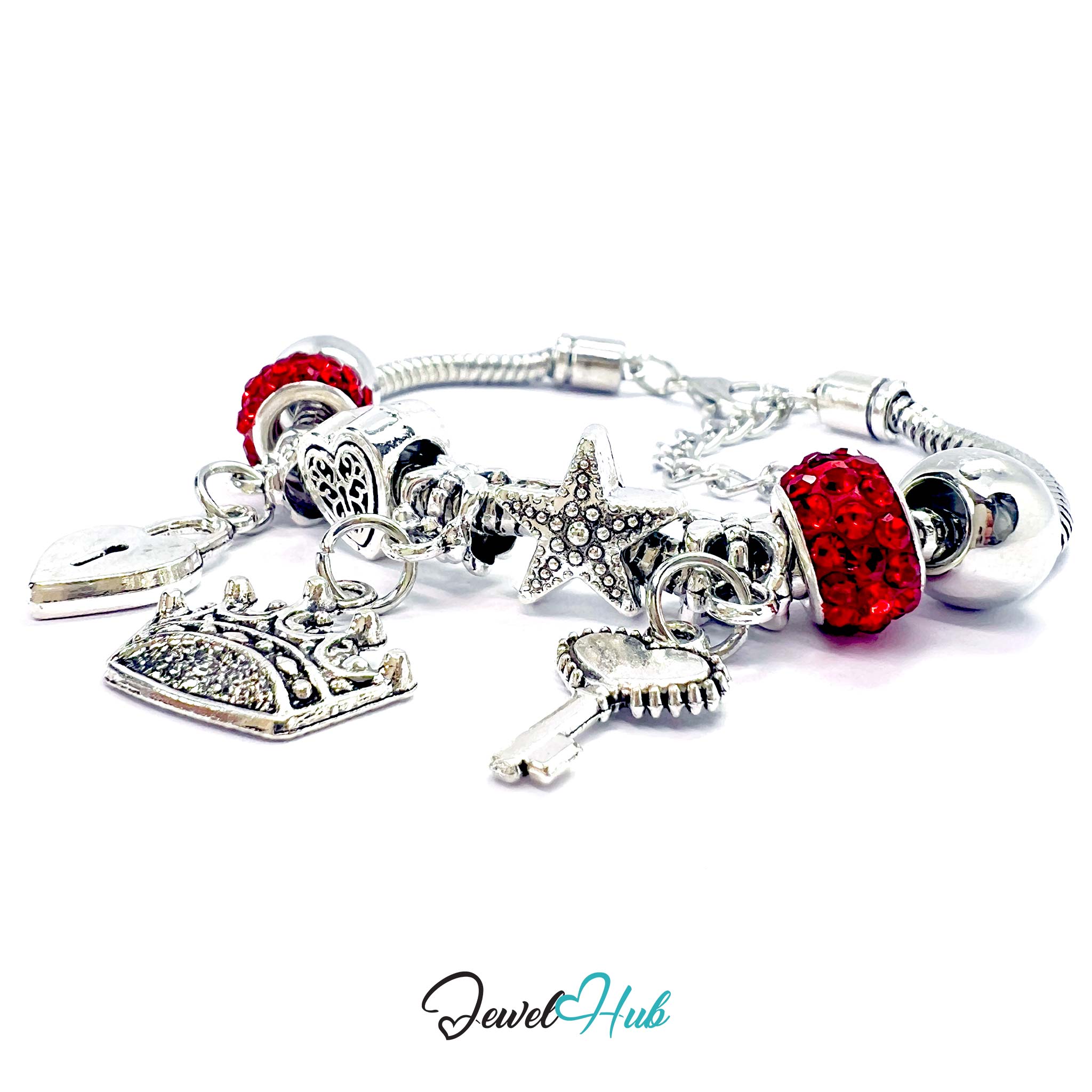 Silver charm bracelet with red beads and various charms on a white background, branded 'Jewel Hub'.