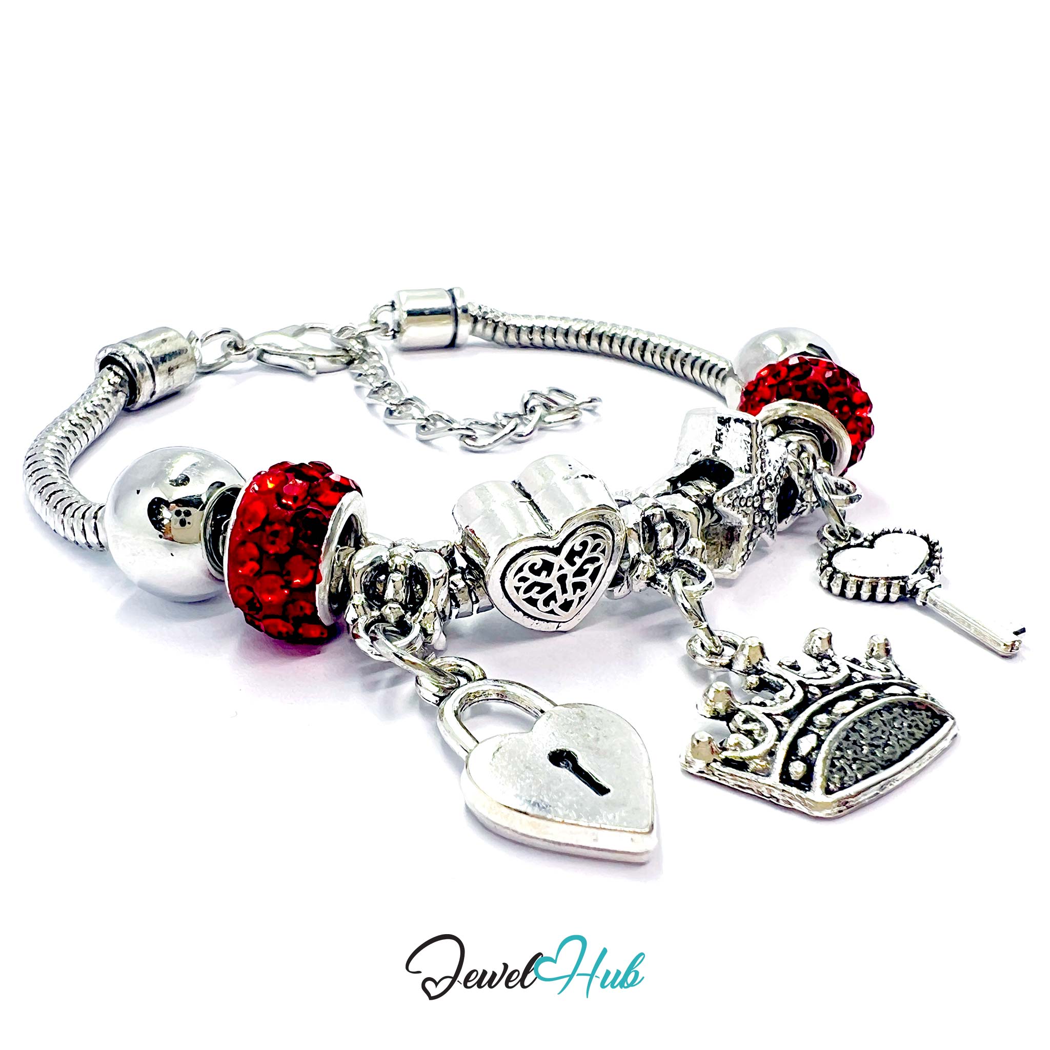Silver bracelet with red beads and various charms on a white background, branded 'Jewel Hub'.