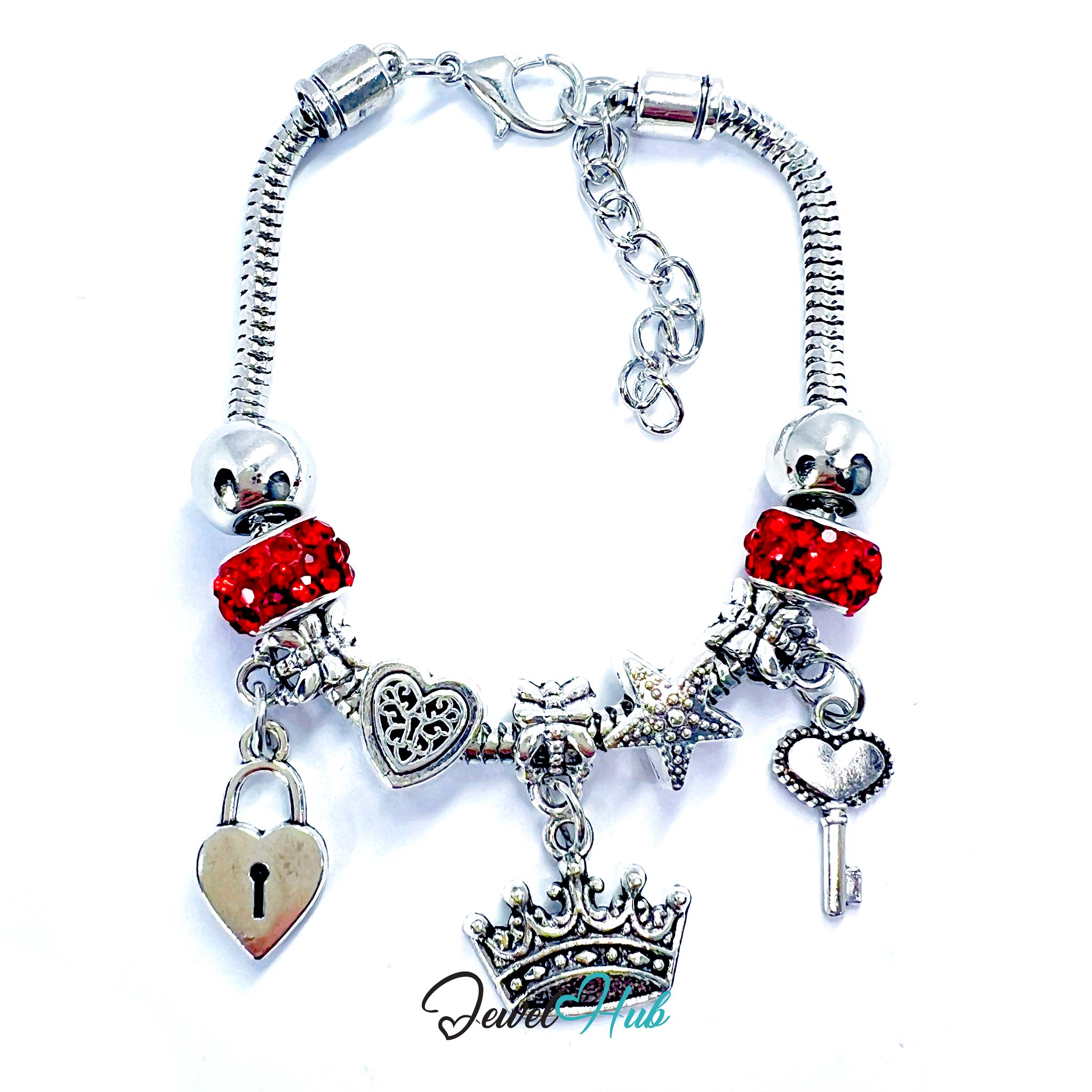 Bracelet with various charms including a heart, key, and crown on a white background.