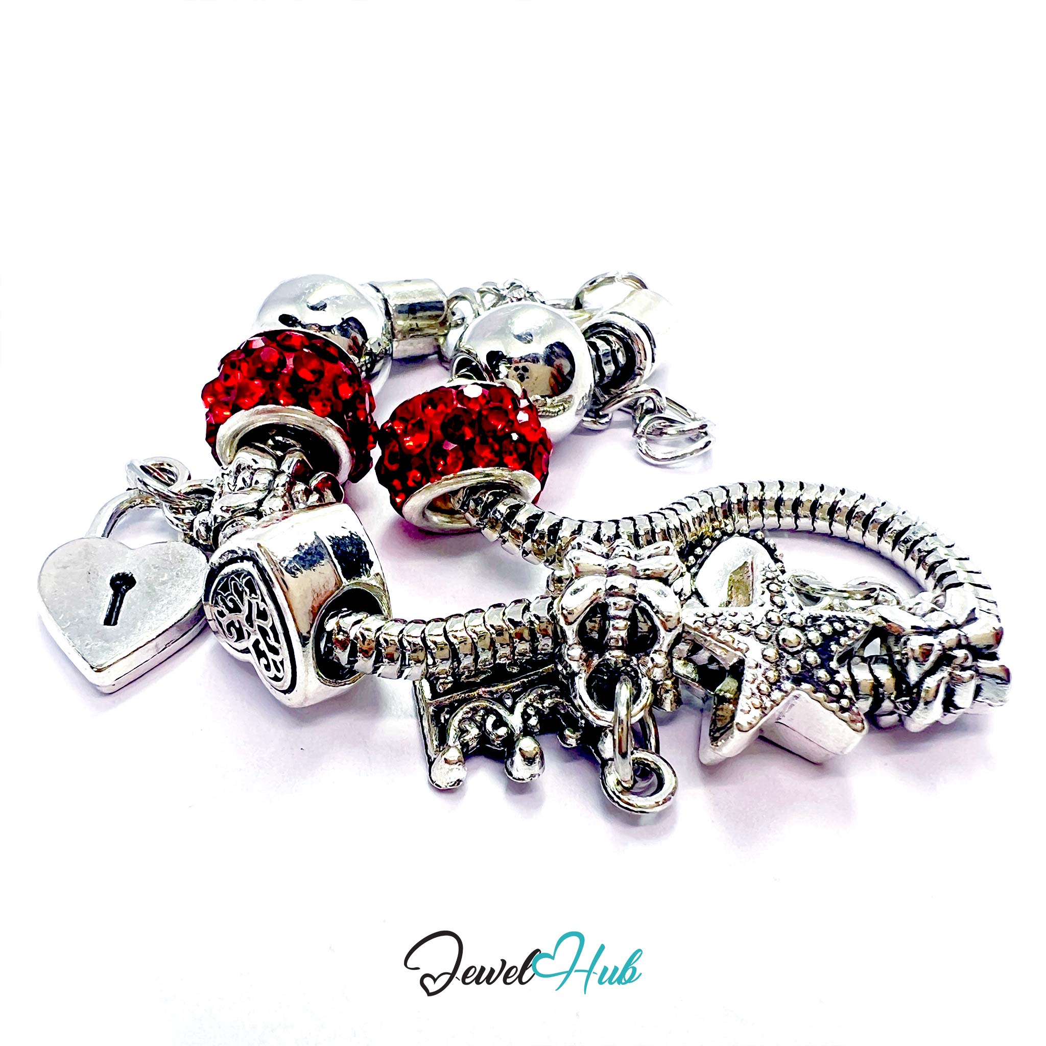Collection of silver charm beads with red heart charms on a white background, branded 'Jewel Hub'.