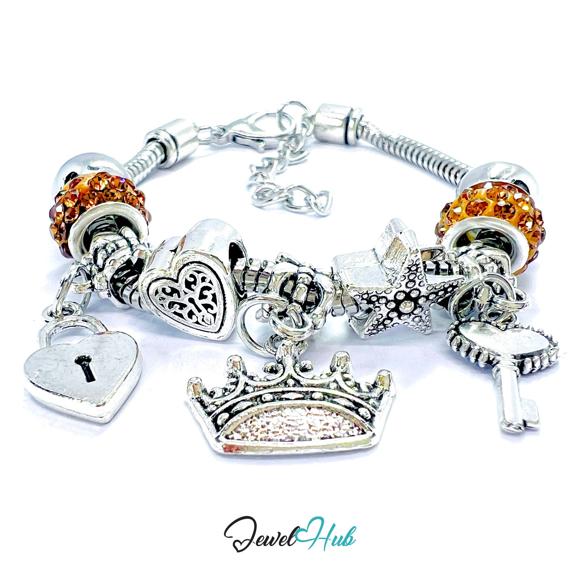 Silver charm bracelet with various charms on a white background, branded 'Jewel Hub'.