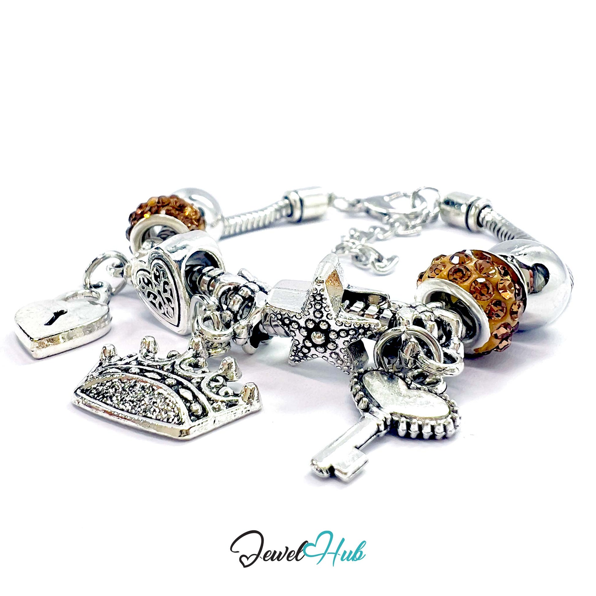Silver charm bracelet with various charms on a white background, branded 'Jewel Hub'.