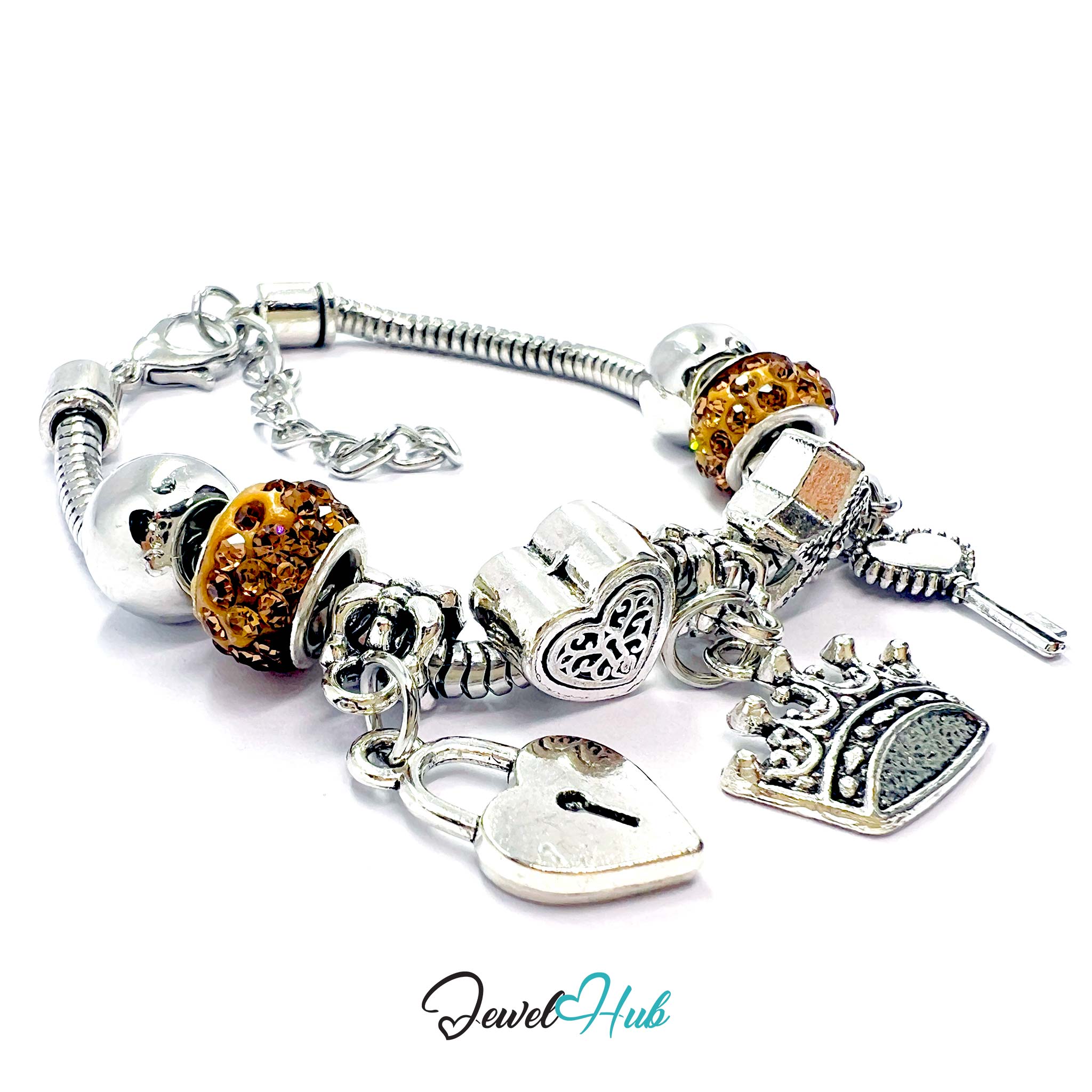 Silver charm bracelet with various charms on a white background, branded 'Jewel Hub'.
