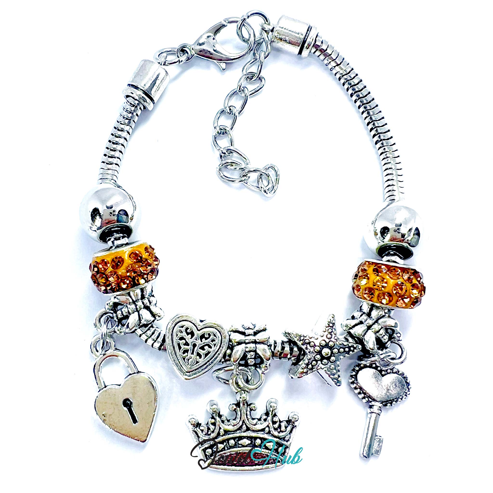 Silver bracelet with various charms including a heart, lock, crown, and key on a white background.