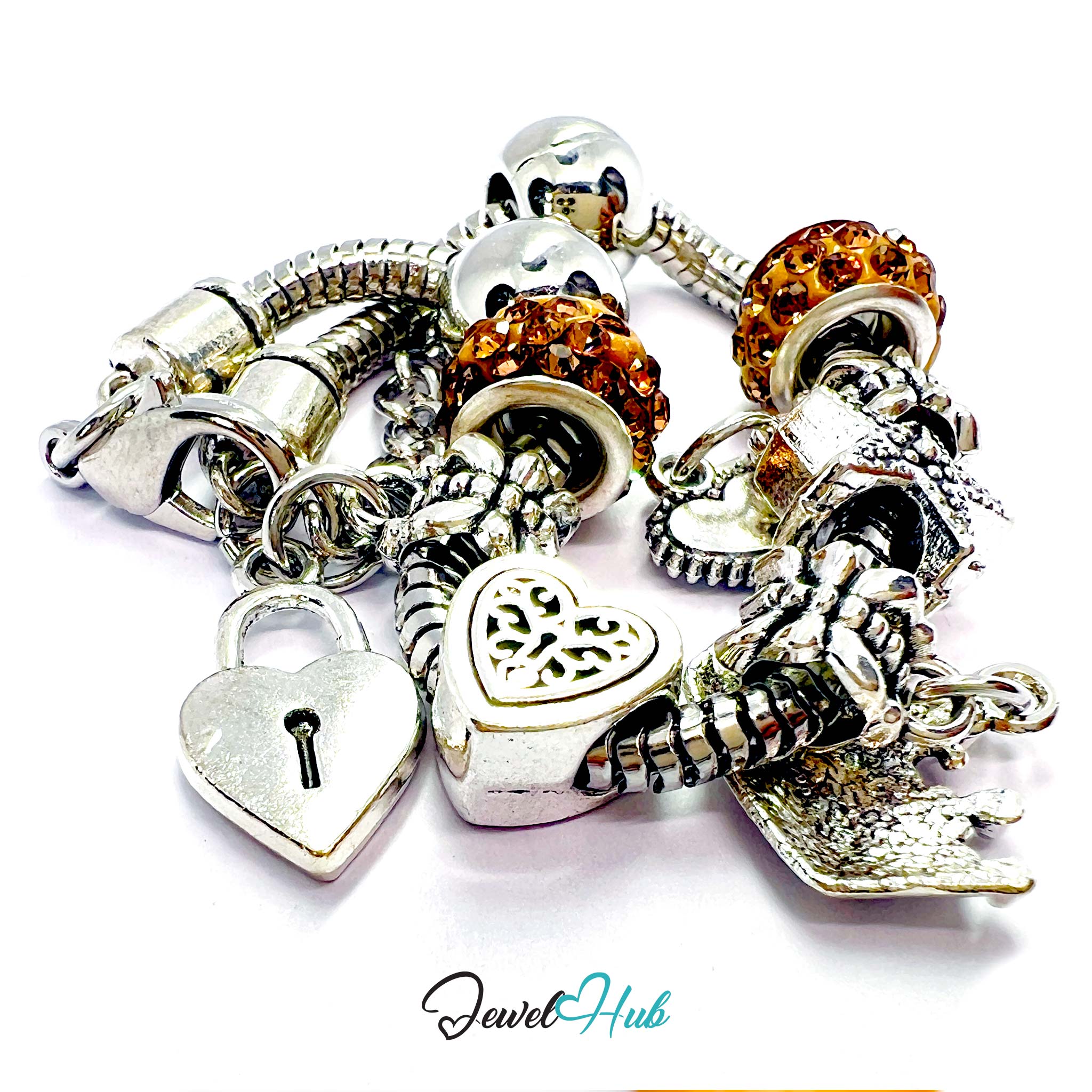 Collection of silver charm bracelets with various charms on a white background, branded 'Jewel Hub'.