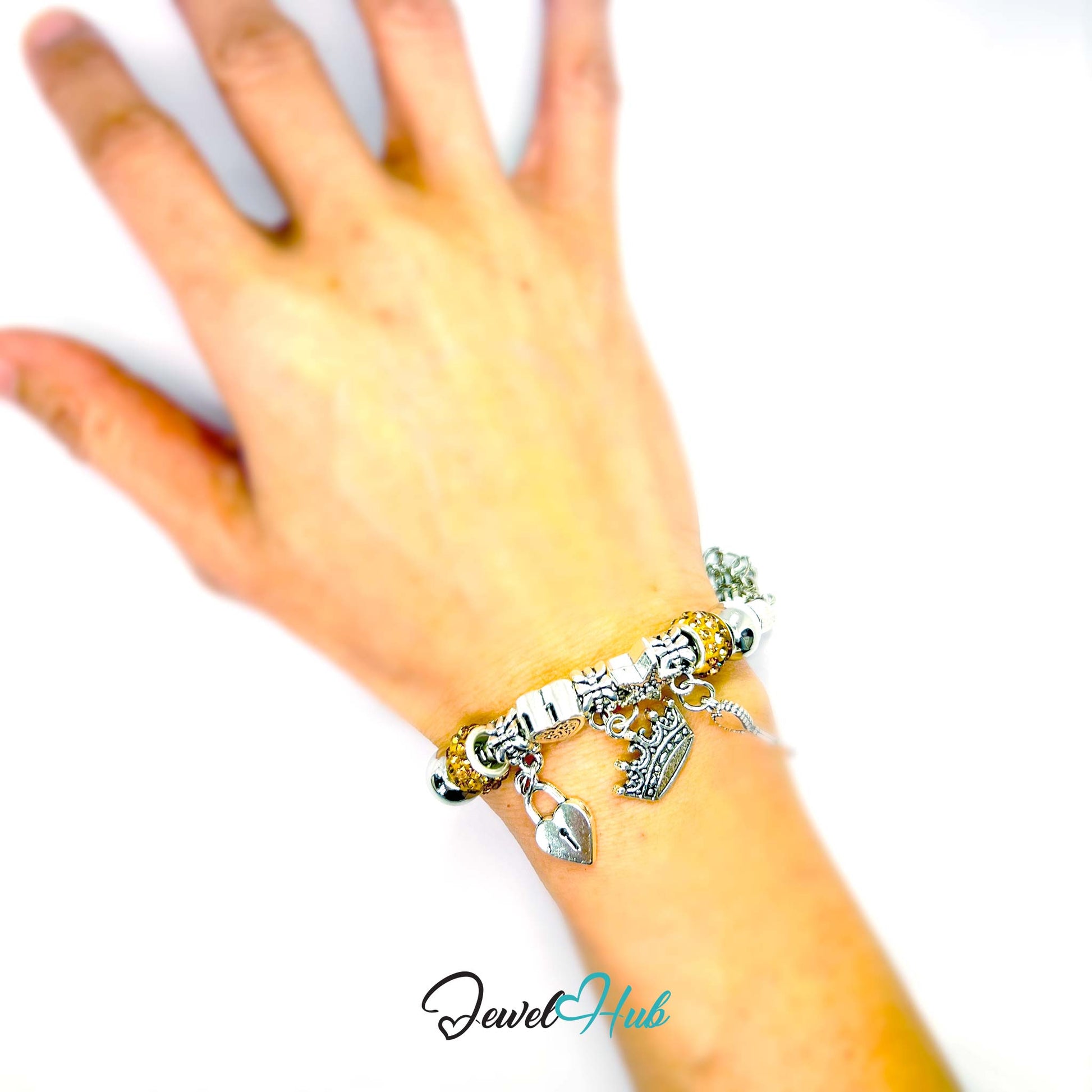 Hand wearing a charm bracelet on a white background with 'Jewel Hub' branding.