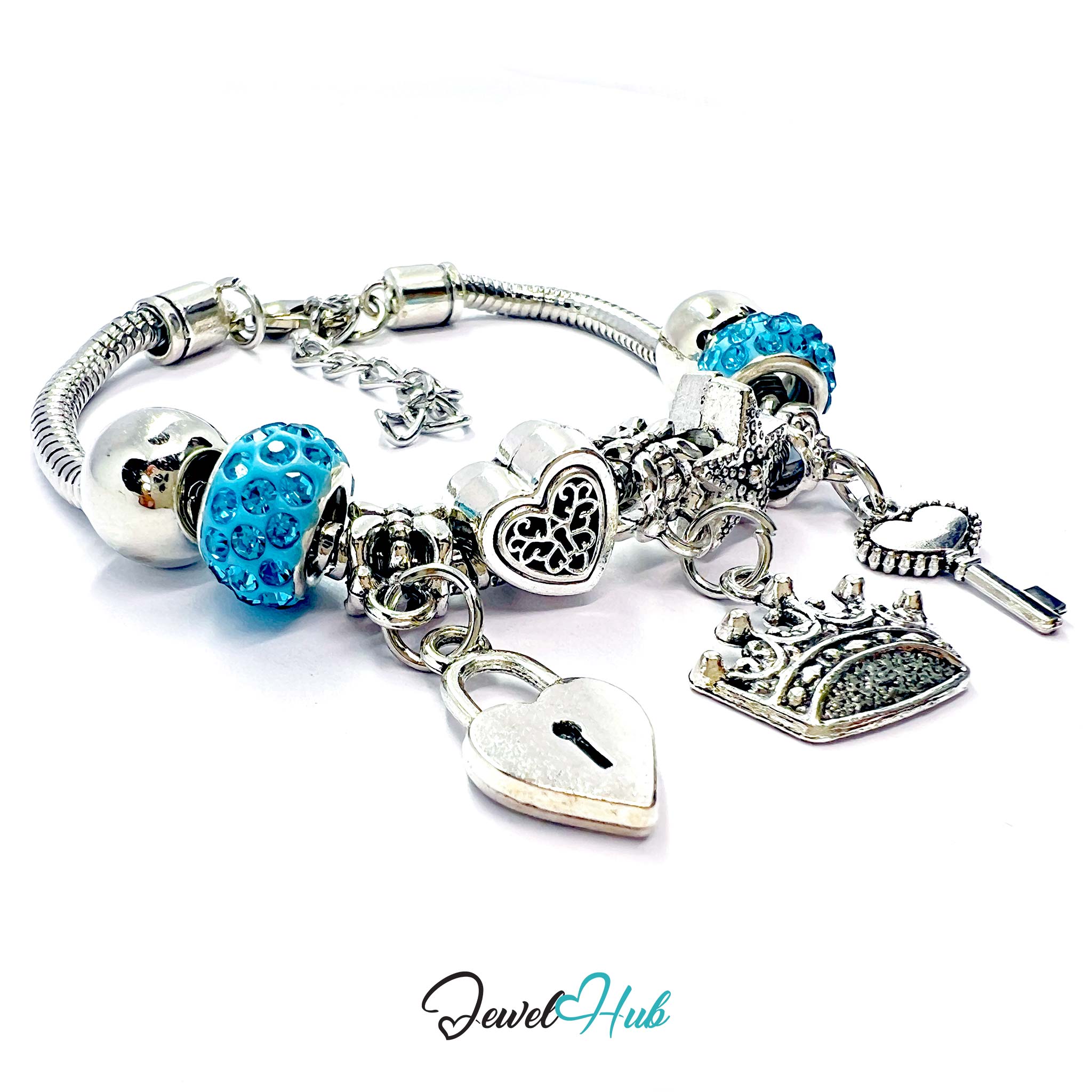 Silver bracelet with blue charms and various other charms on a white background, branded 'Jewel Hub'.