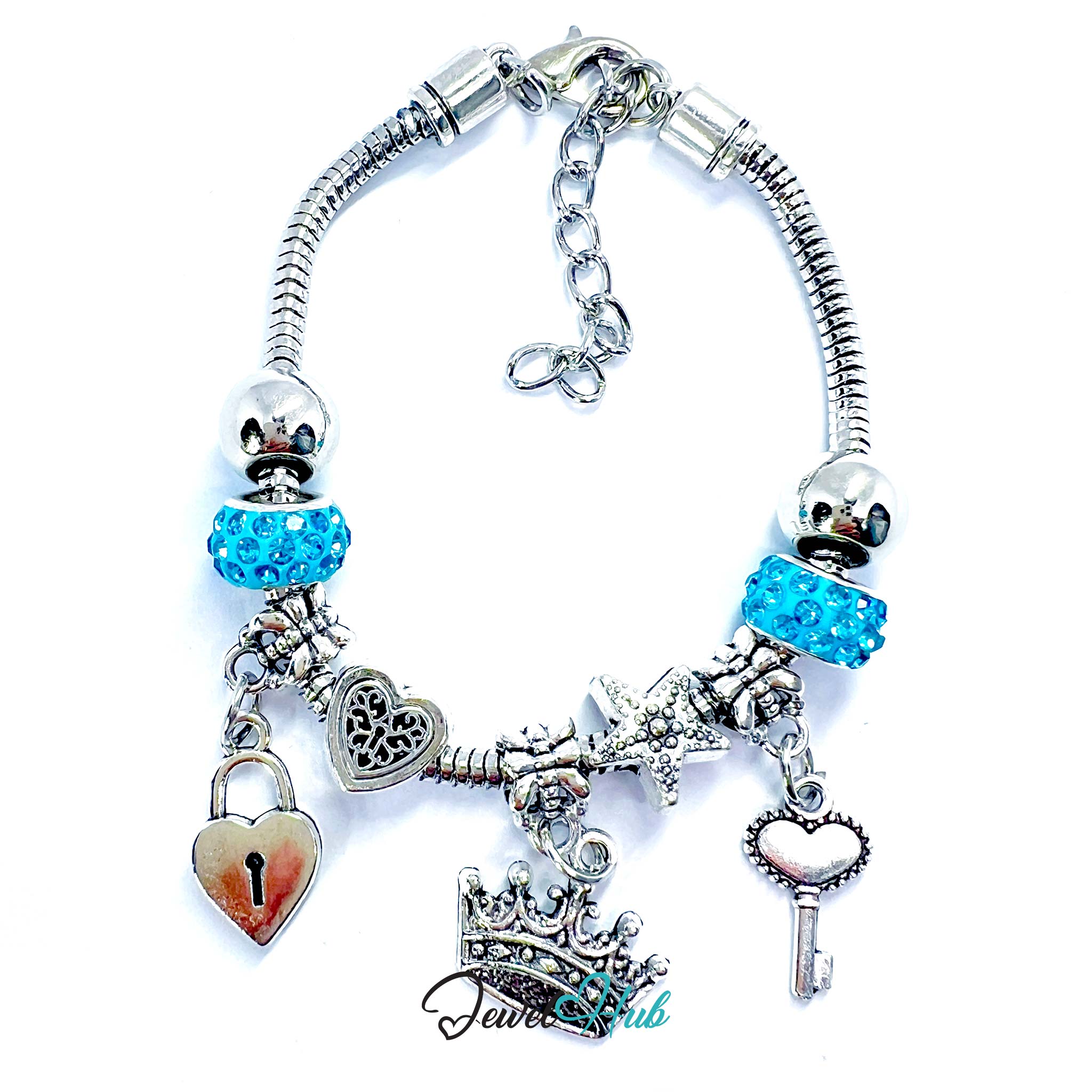Silver bracelet with various charms including a heart, lock, and key on a white background.