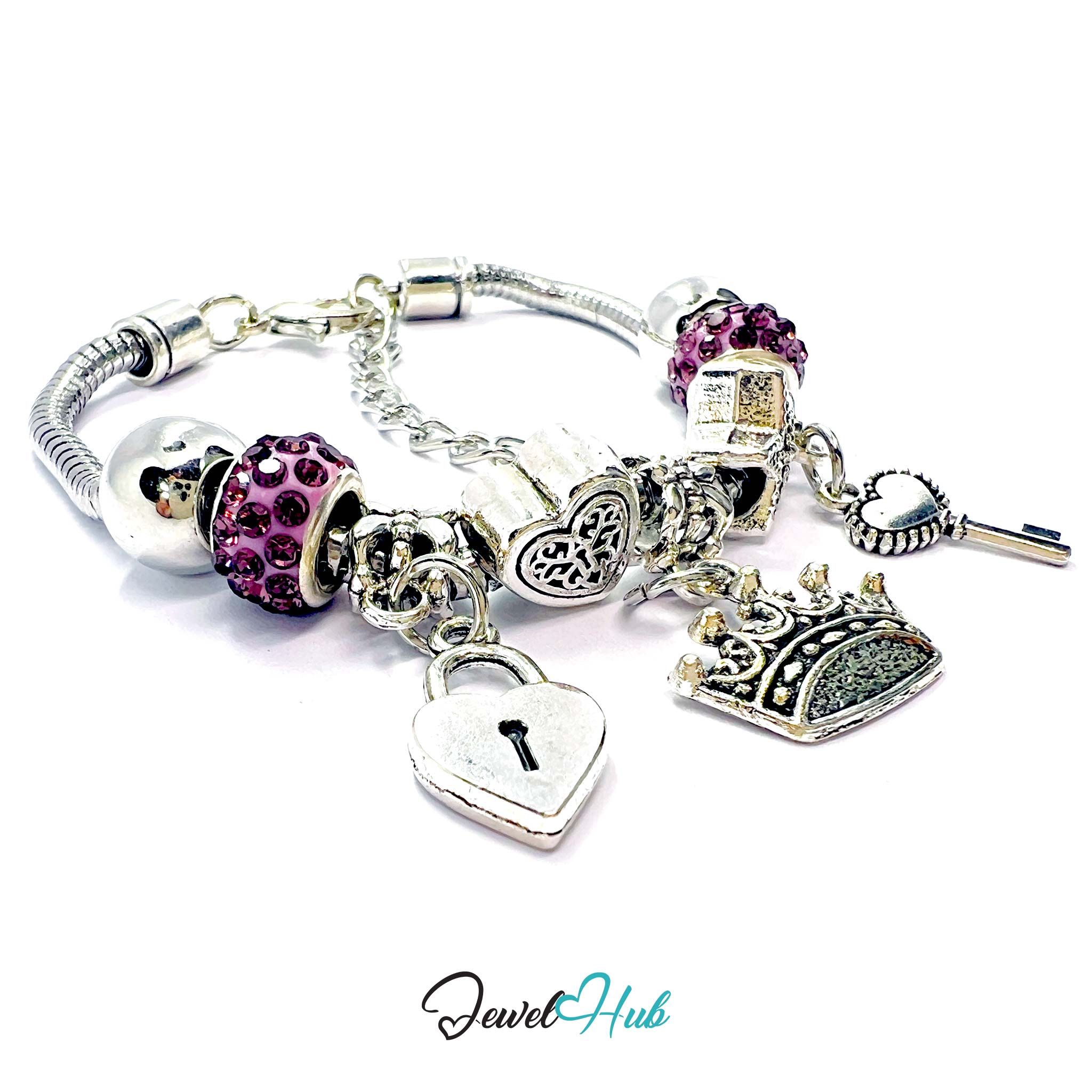 Silver charm bracelet with various charms on a white background, branded 'Jewel Hub'.