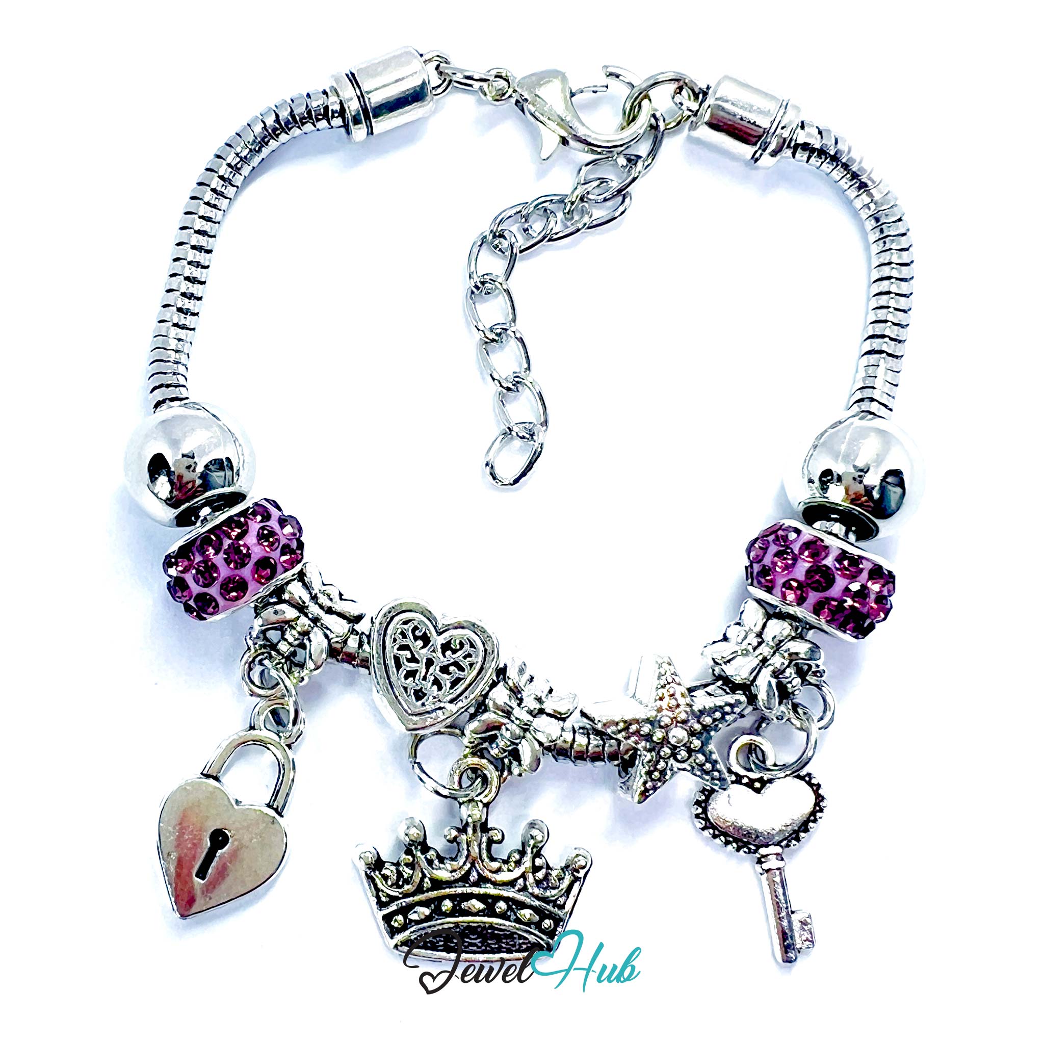 Silver charm bracelet with various charms including a heart, lock, and key on a white background.