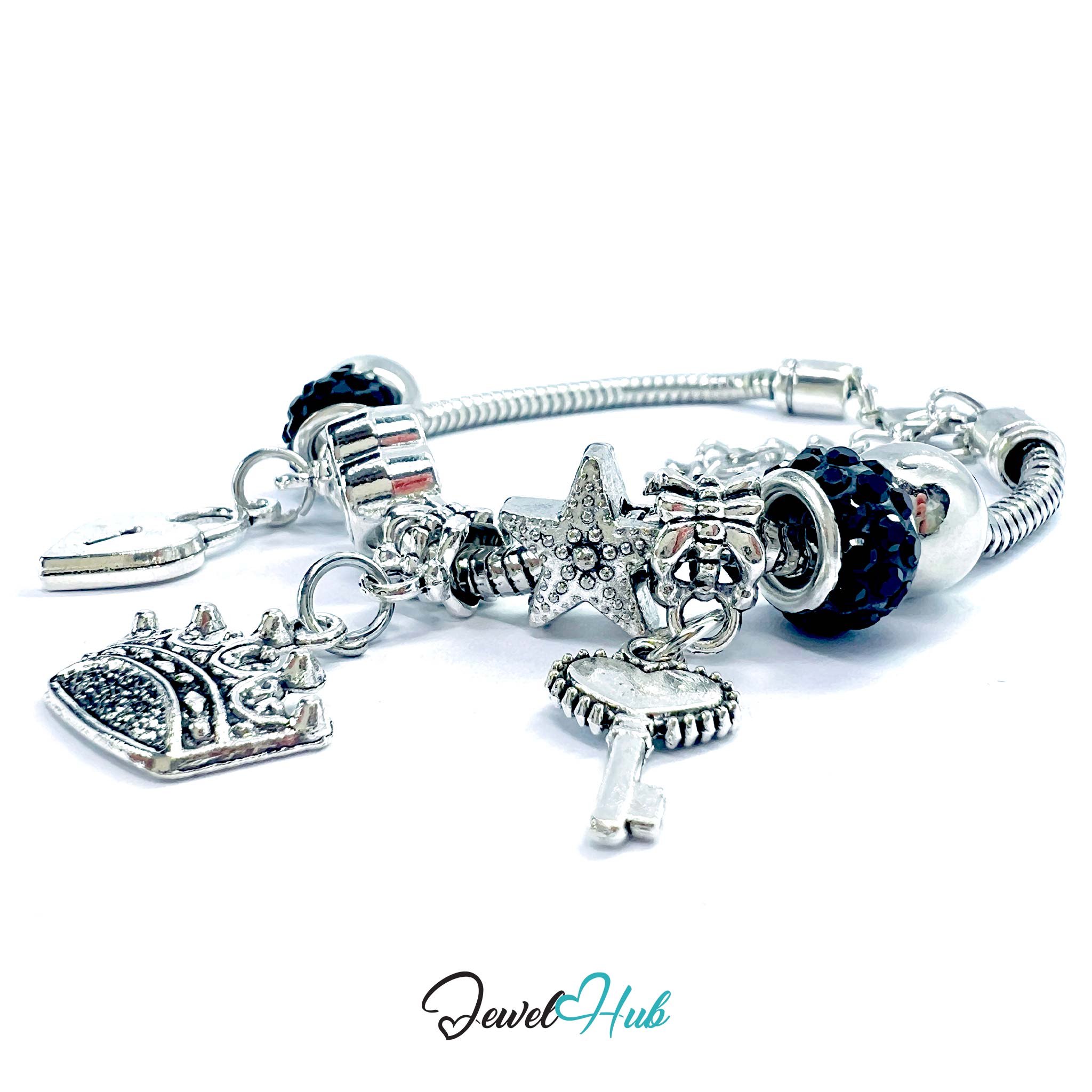 Zinc Alloy Black Sparkle Crystal Crown Key Lock Charm Bracelet 18-22cm