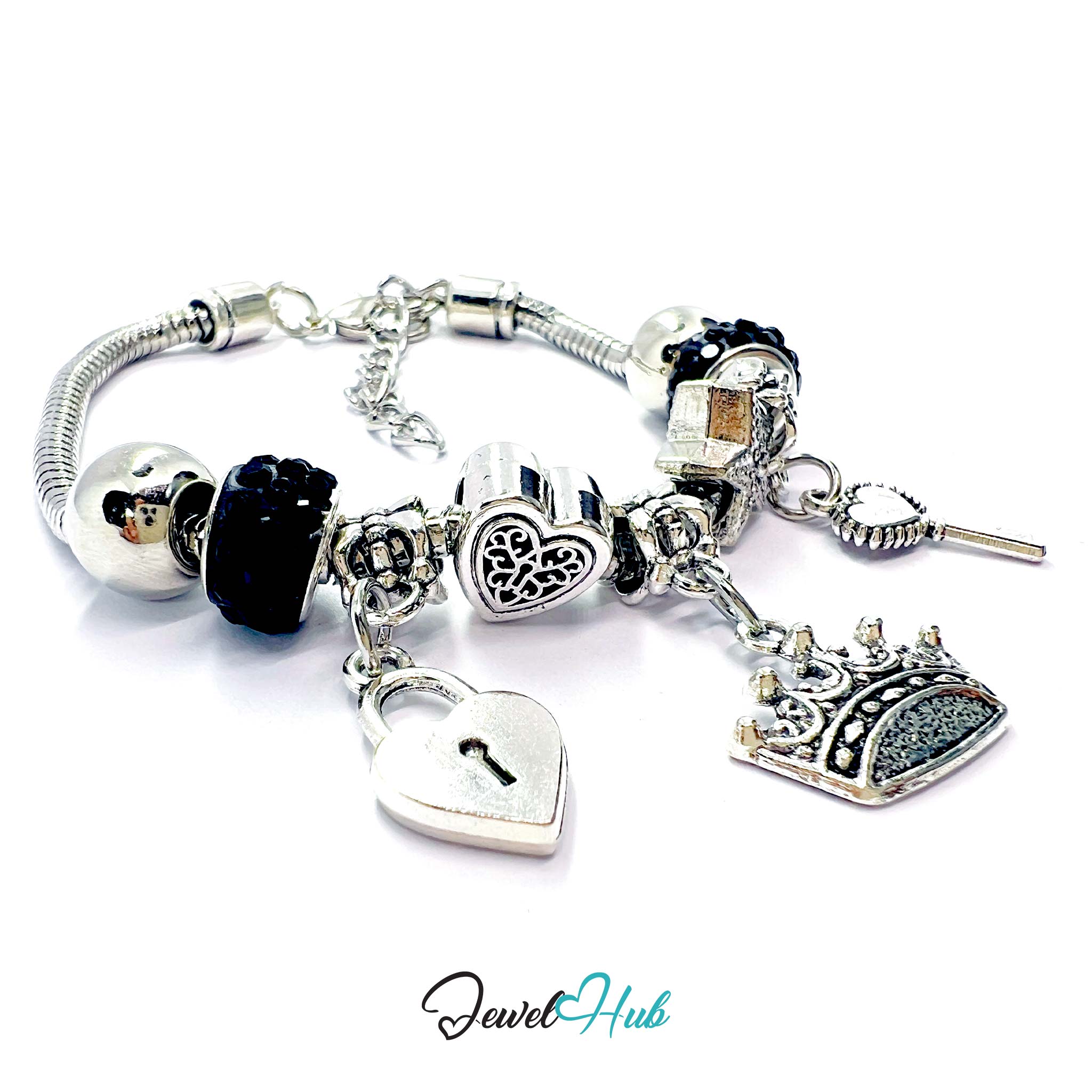 Zinc Alloy Black Sparkle Crystal Crown Key Lock Charm Bracelet 18-22cm
