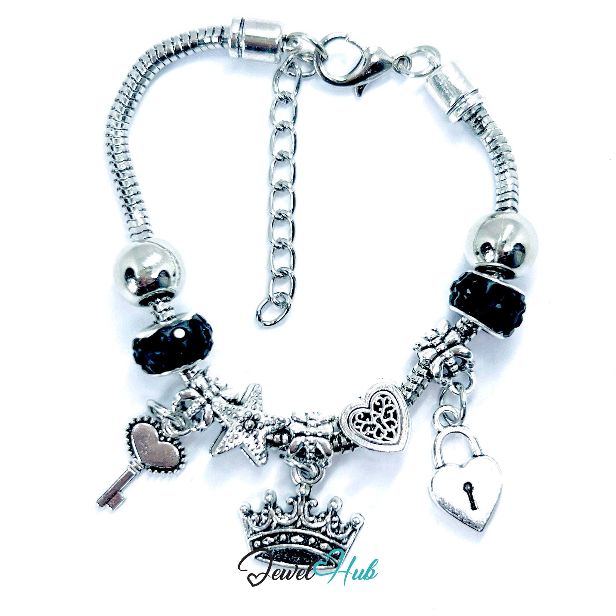 Zinc Alloy Black Sparkle Crystal Crown Key Lock Charm Bracelet 18-22cm