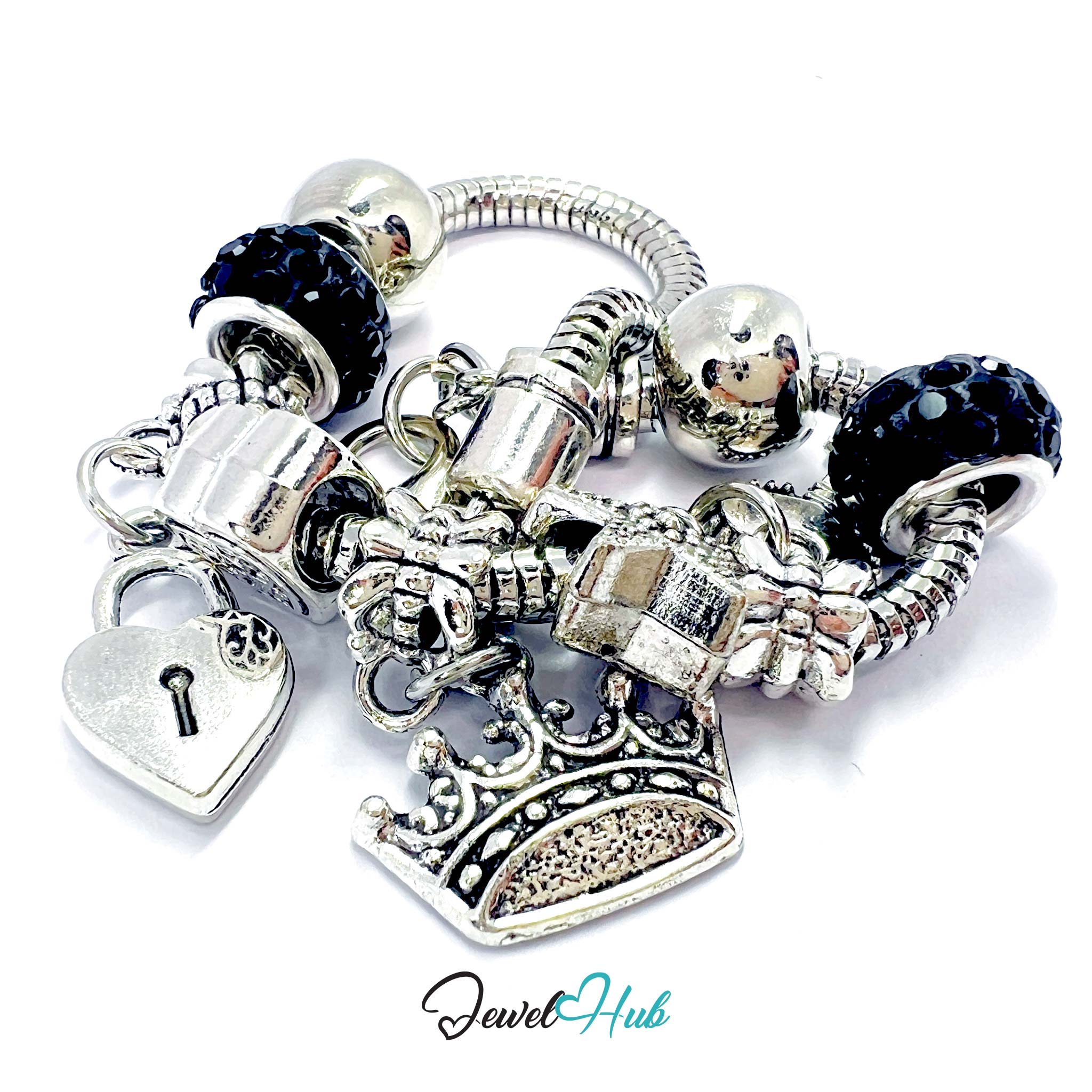 Zinc Alloy Black Sparkle Crystal Crown Key Lock Charm Bracelet 18-22cm