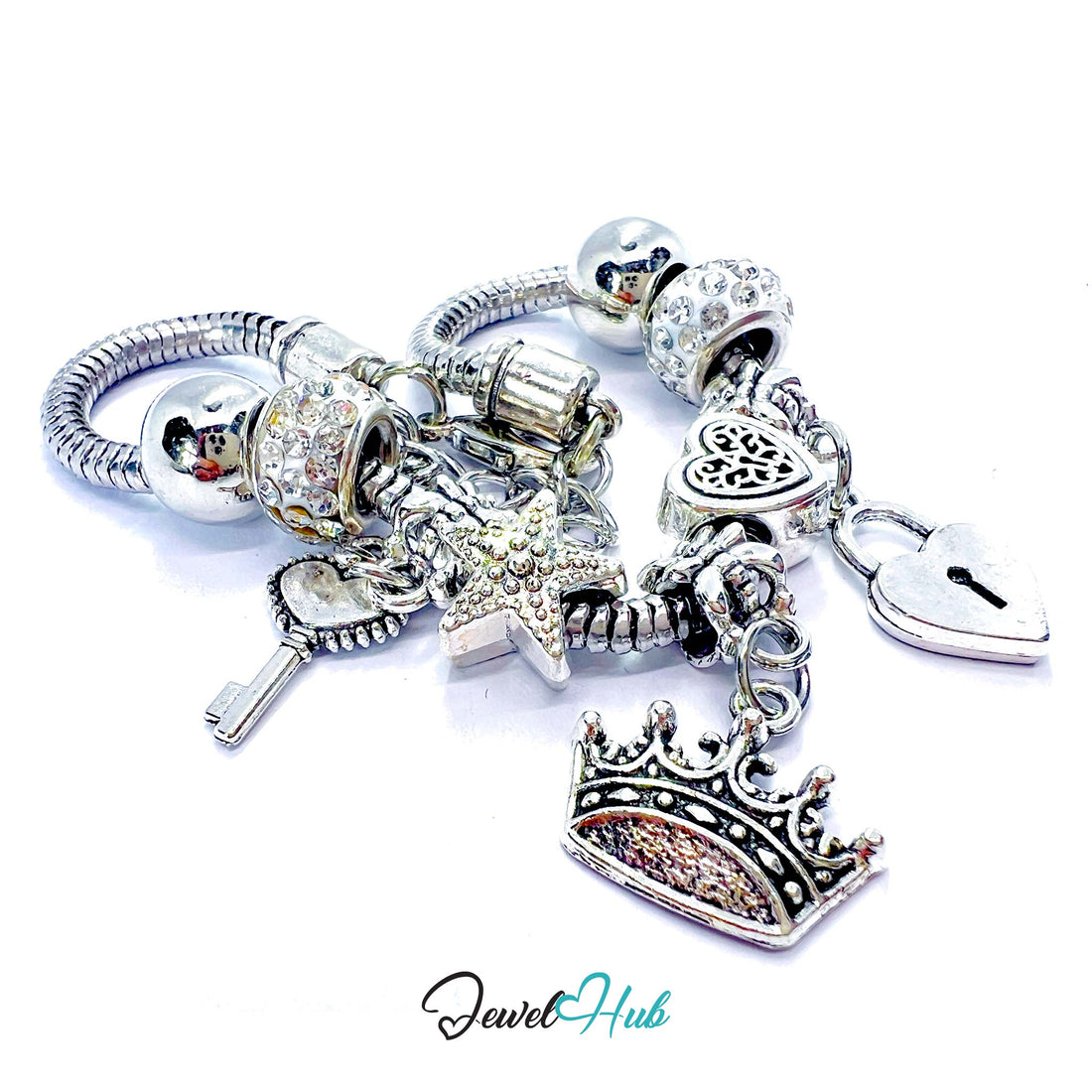Silver charm bracelet with various charms on a white background, branded 'Jewel Hub'.
