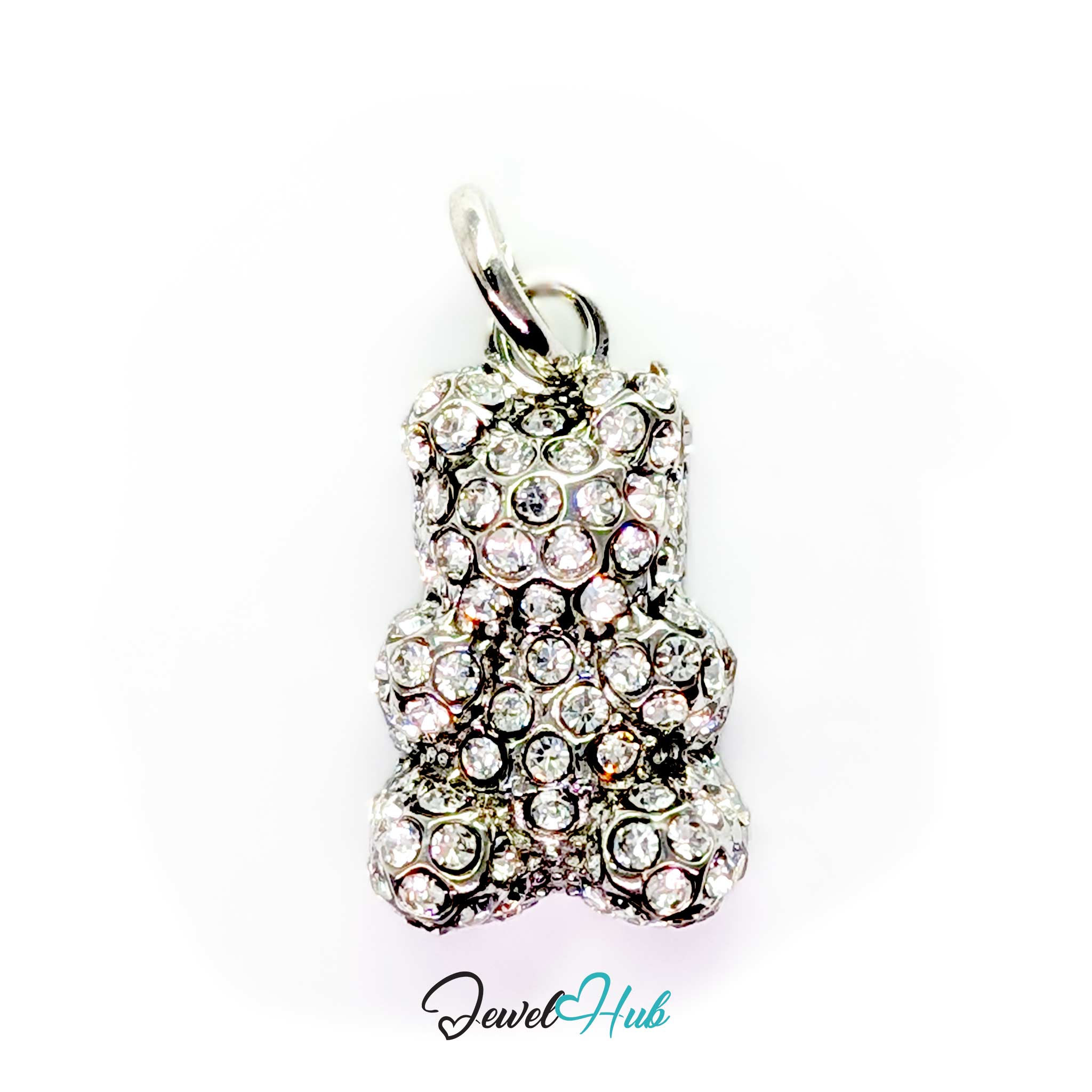 A silver-tone charm shaped like a gummy bear, heavily embellished with clear rhinestones, shown on a white background with a 'JewelHub' watermark at the bottom.