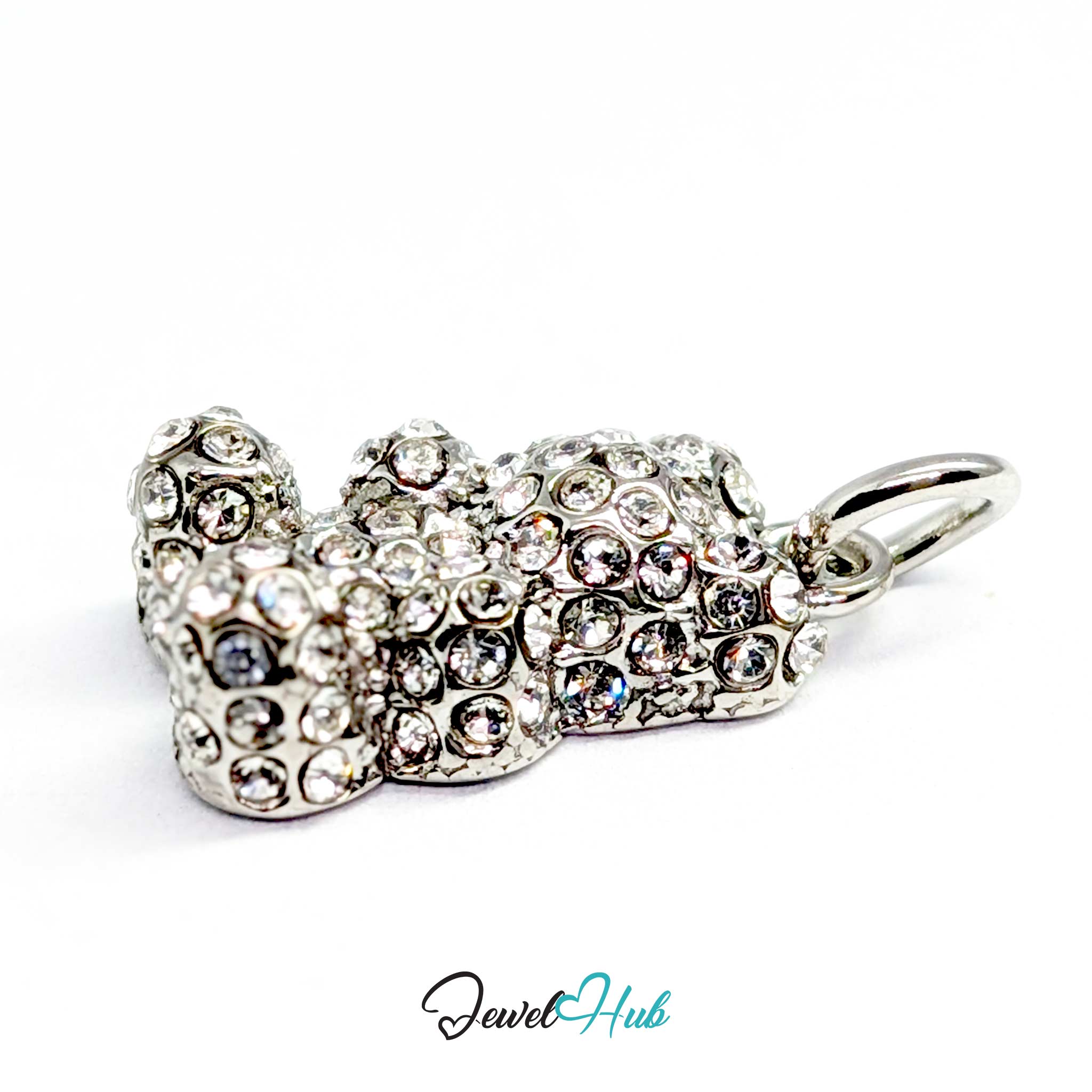 A silver charm pendant shaped like a teddy bear, heavily embellished with clear rhinestones, shown on a white background with a 'JewelHub' watermark at the bottom.