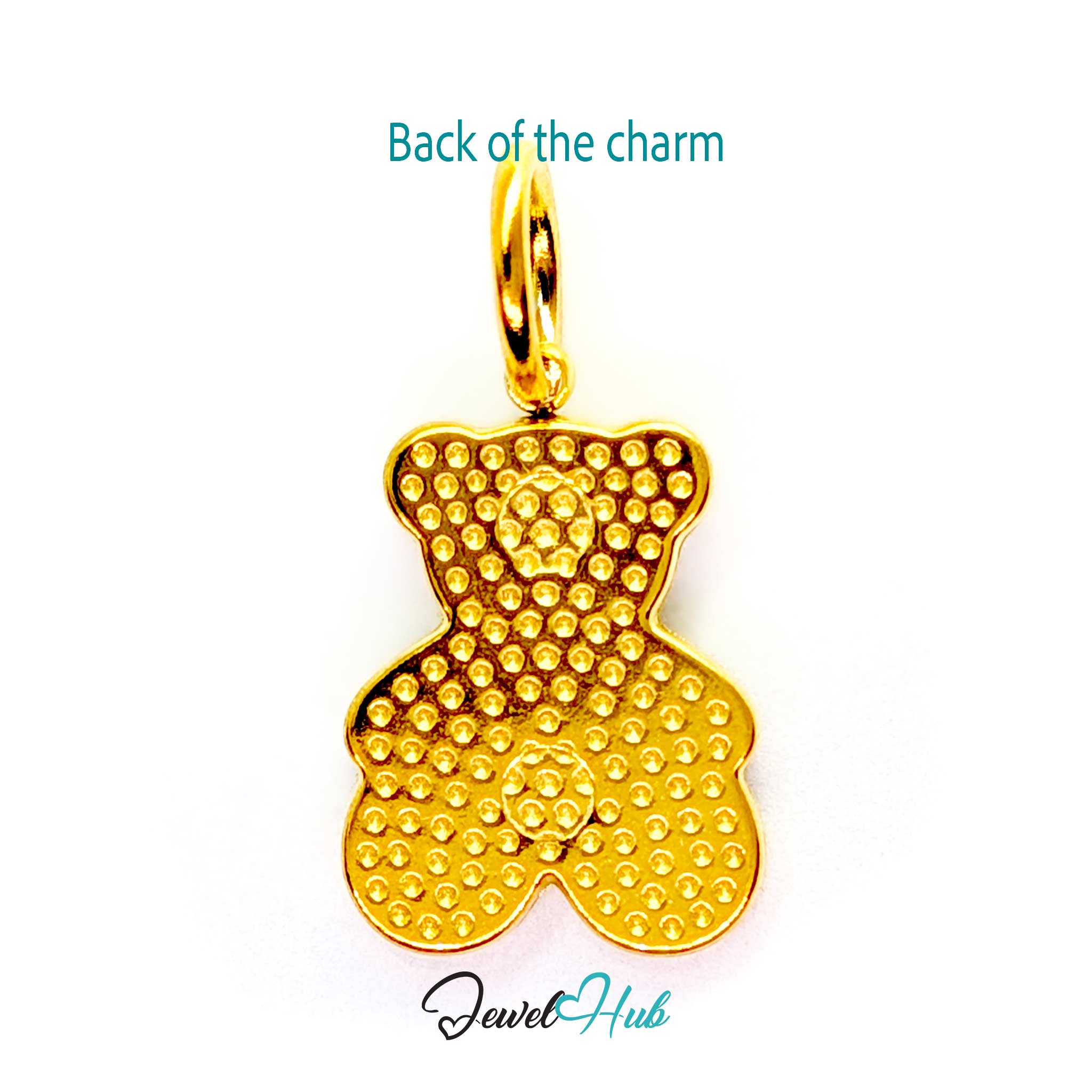 A gold bear-shaped charm pendant with a textured beaded surface, shown against a plain white background with a text overlay reading 'Back of the charm' and a 'JewelHub' watermark.