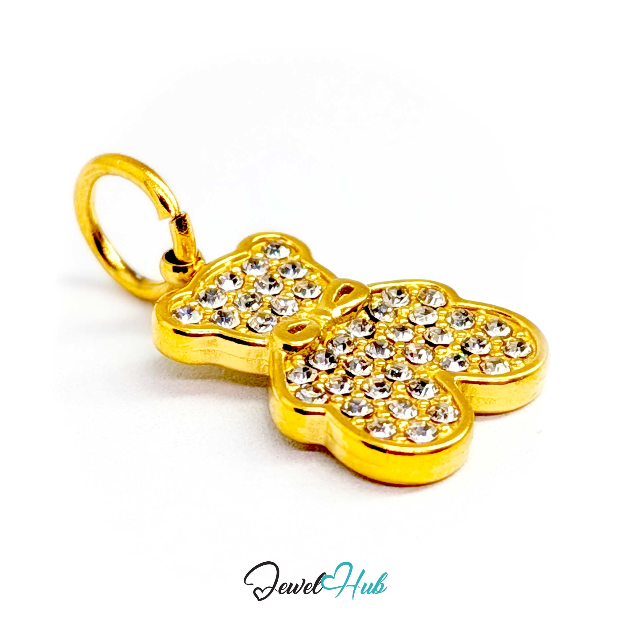 A gold butterfly-shaped charm embellished with clear rhinestones, shown on a white background with a 'JewelHub' watermark at the bottom.
