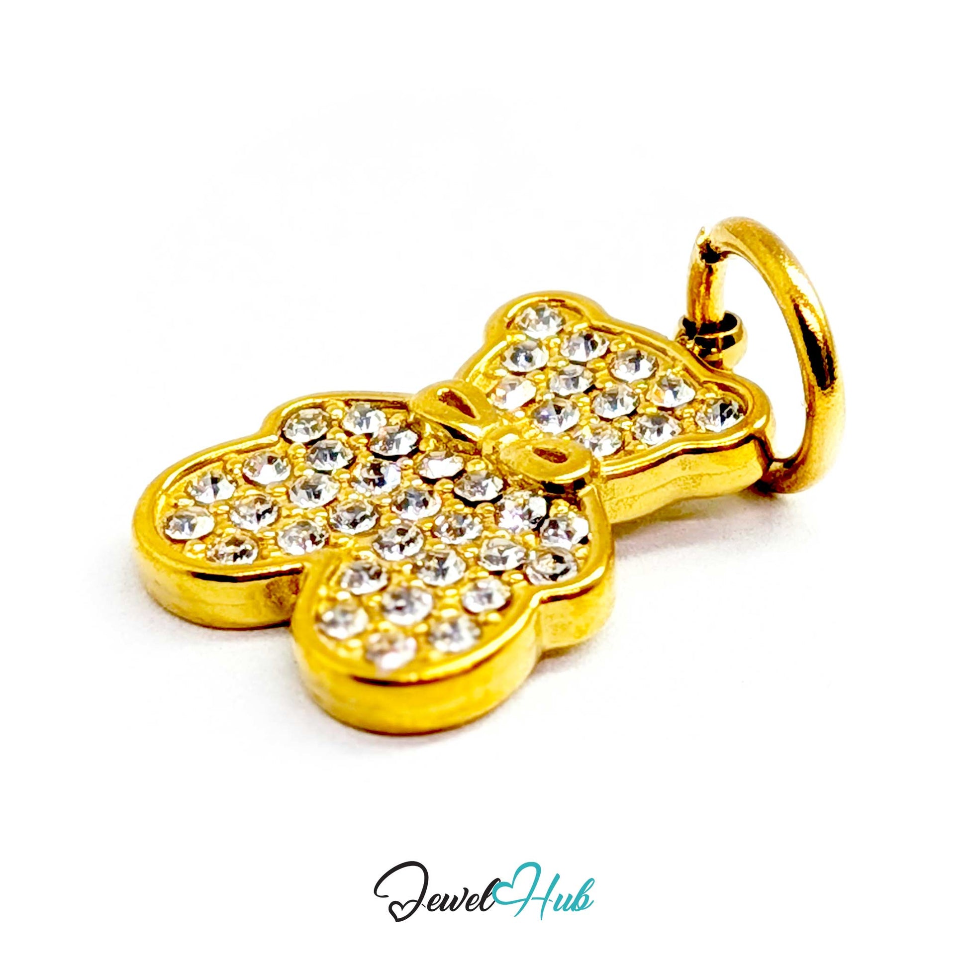 A gold butterfly-shaped pendant charm embellished with clear rhinestones, shown on a white background with a 'JewelHub' watermark at the bottom.